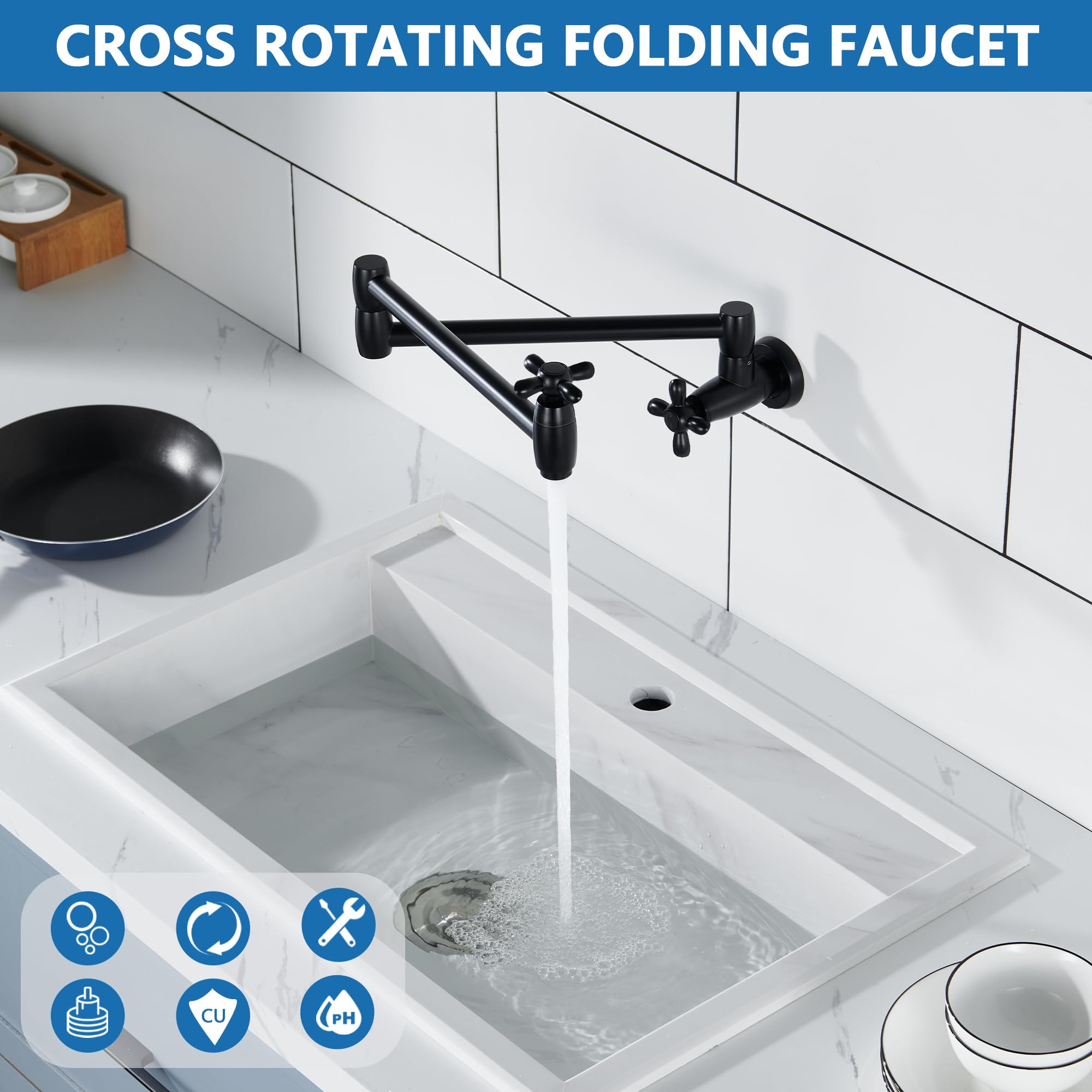 Matte Black Wall Mount Pot Filler Faucet - Brass Swing Arm with Double Joint & Extendable Design - Single Hole Installation - 2 Cross Handles for Kitchen & Stove - Perfect for Filling Large Pots While Cooking (Model P82MB)