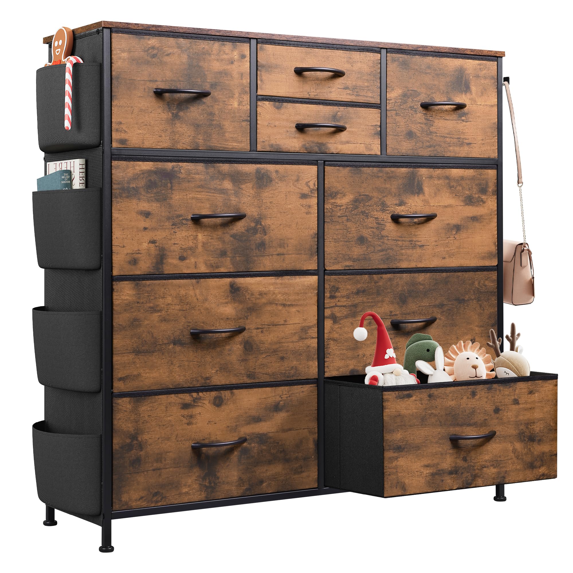 WLIVE 10-Drawer Fabric Dresser for Bedroom & Living Room - Rustic Brown Wood Grain Print Storage Organizer with Side Pockets & Hooks, Sturdy Metal Frame - Perfect for Clothes, Toys, Blankets & Home Organization in Bedrooms, Hallways & Dorm Rooms