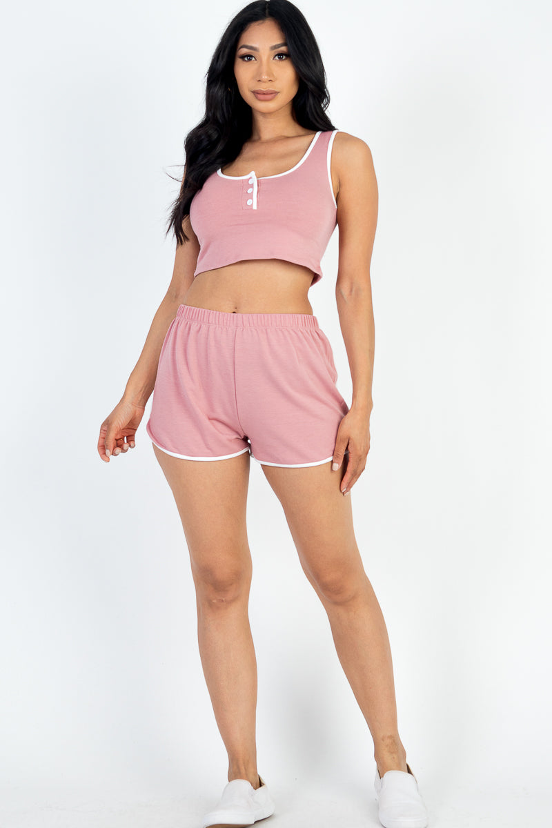 French Terry Sleeveless Button Front Cropped Tank Top & Shorts Set - Casual Contrast Trim Outfit for Women | Perfect for Summer, Beach, Gym & Lounge Wear