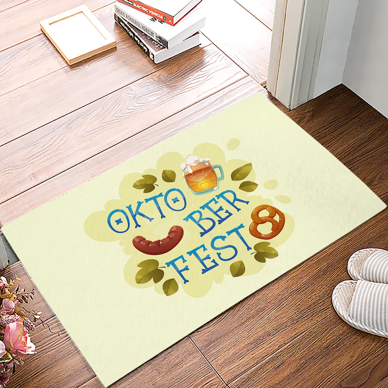 Oktoberfest Non-Slip Absorbent Doormat - Sausage Beer Leaves Design Washable Indoor/Outdoor Rug for Bathroom, Kitchen, Entrance - Perfect for Oktoberfest Parties, Holiday Decor & Home Floor Protection
