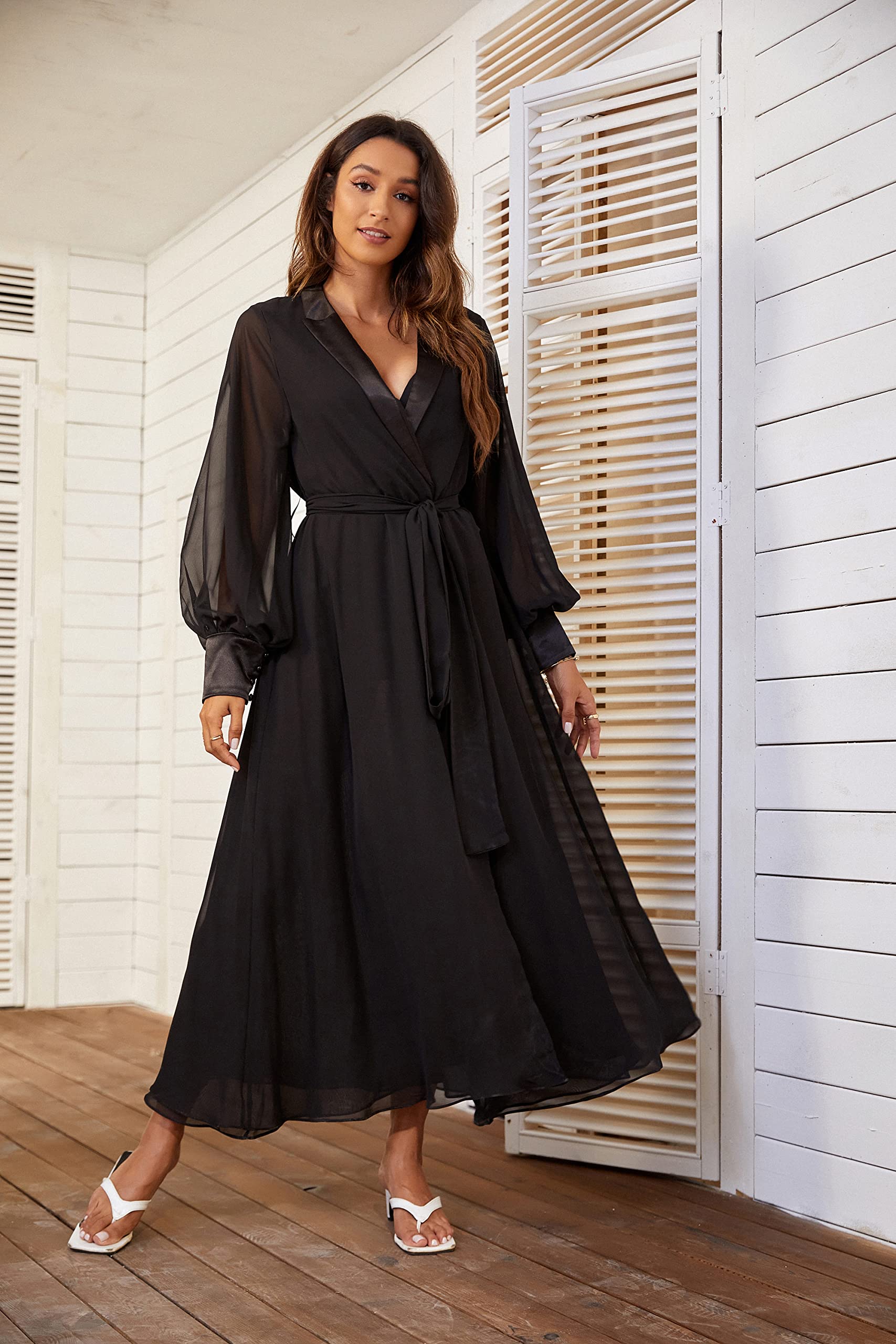 Kelaixiang Women's Elegant Long Sleeve Chiffon Robe - Bridal Gown, Loungewear & Cover Up with Tie Front Design - Perfect for Weddings, Honeymoons, Spa Days and Relaxing at Home