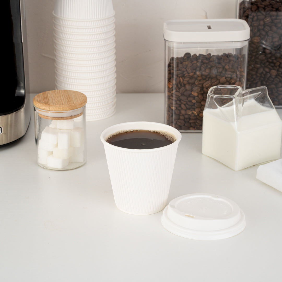8 oz White Paper Coffee Cups with Ripple Wall - 3.5