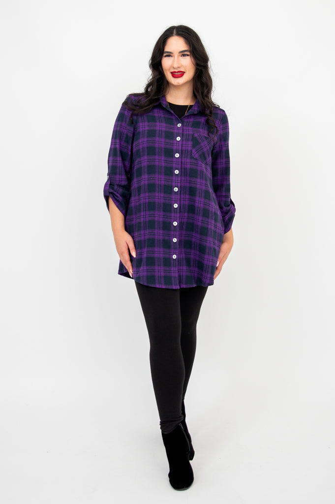 Celine Women's Cotton Tunic Top - Acai Plaid Print, Casual Long Blouse for Work, Office, and Everyday Wear
