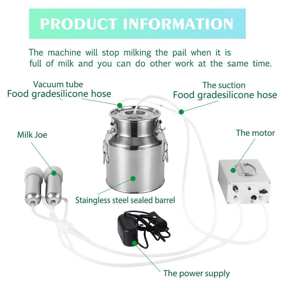 14L Electric Cow Milking Machine - Automatic Rechargeable Battery Powered Vacuum Pump with 2 Teat Cups & Stainless Steel Bucket for Dairy Cows | Portable Farm Milking Equipment for Small to Medium Herds | Ideal for Homesteads, Family Farms & Dairy Operations