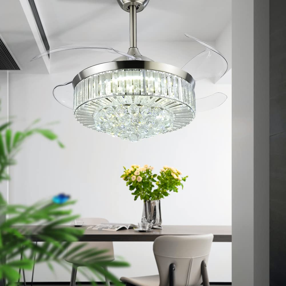 42 Inch Crystal Ceiling Fan with LED Light - Remote Control, Retractable Blades, 3 Speed Settings - Modern Silver Chandelier Fan for Living Room, Bedroom & Dining Room Decoration