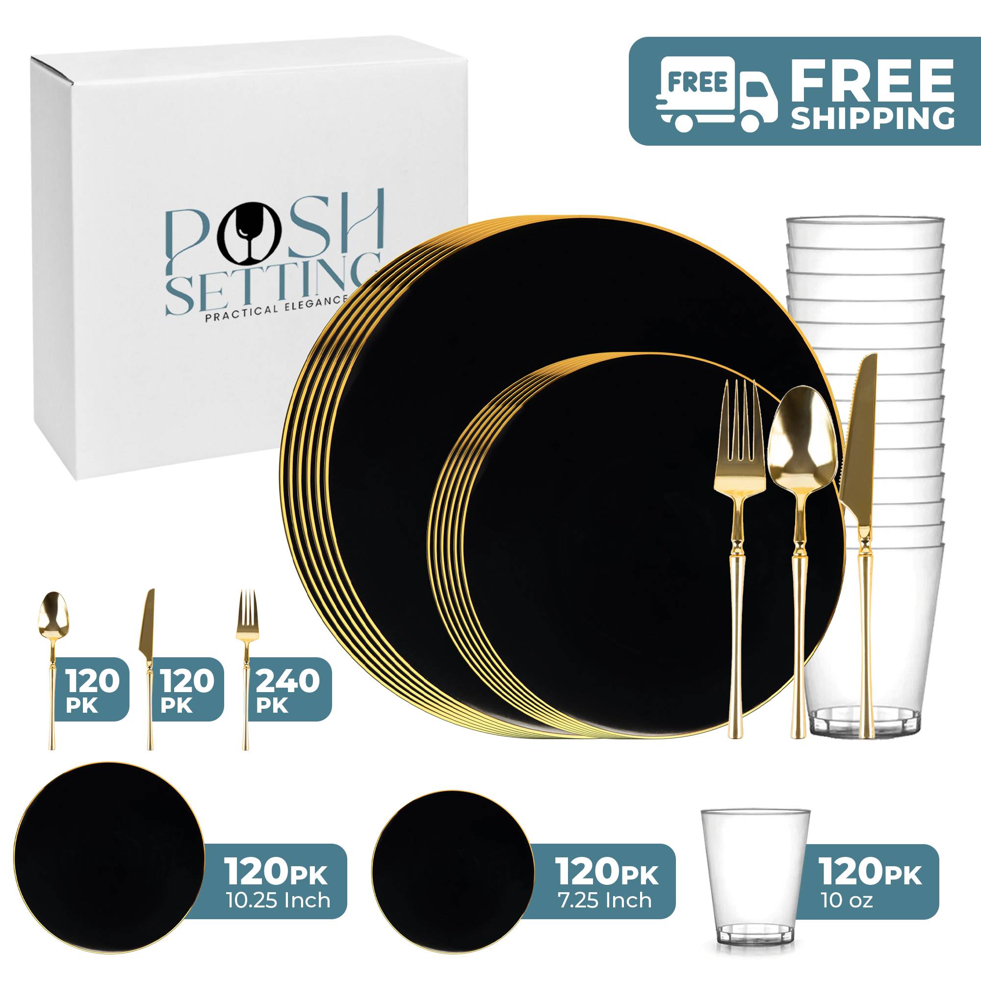 Black and Gold Plastic Party Bundle - Elegant Disposable Tableware Set for Birthday, Wedding & Holiday Celebrations - Perfect for Parties, Events & Home Decor