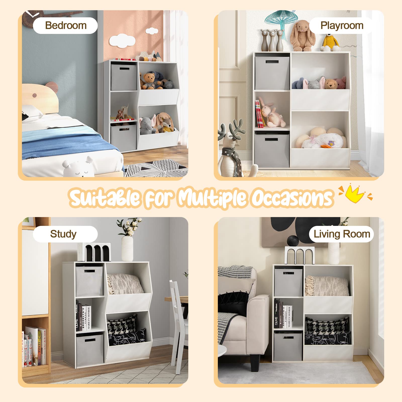 Costzon 5-Cubby Wooden Toy Storage Organizer with Bookcase & Bins - Kids Bookshelf & Toy Cabinet for Toddlers - Playroom, Nursery, Daycare & Living Room Storage Solution (White & Gray) - Perfect for Organizing Toys, Books & Kids' Essentials
