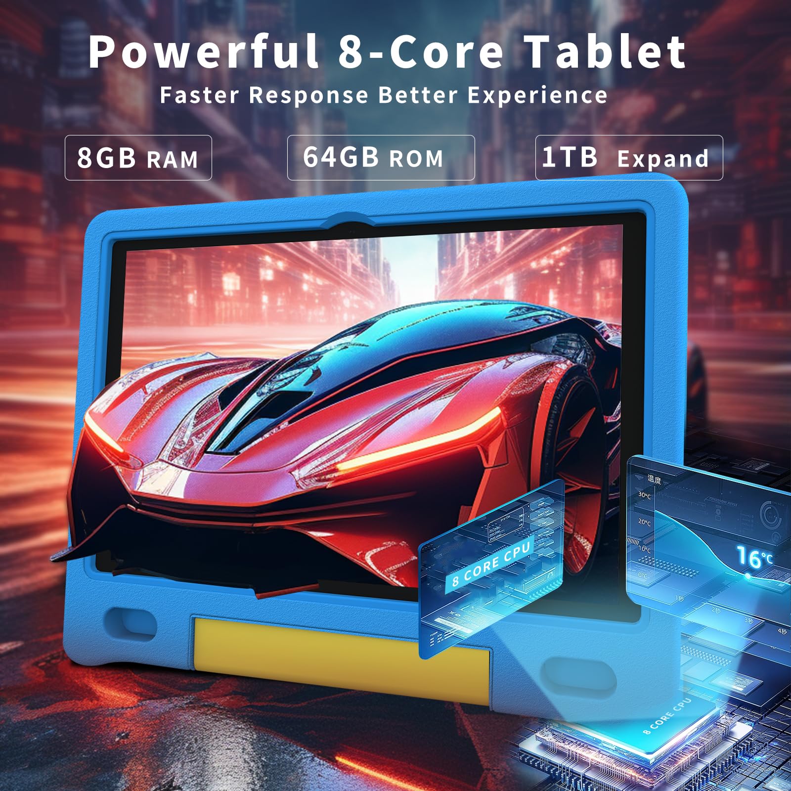 10 Inch Kids Tablet with Strap - Android 14 Octa-Core 64GB/1TB Expandable Storage, Bluetooth WiFi Dual Camera - 12-Hour Battery Life with Parental Control & Protective Case - Perfect for Learning, Games, and Travel Entertainment