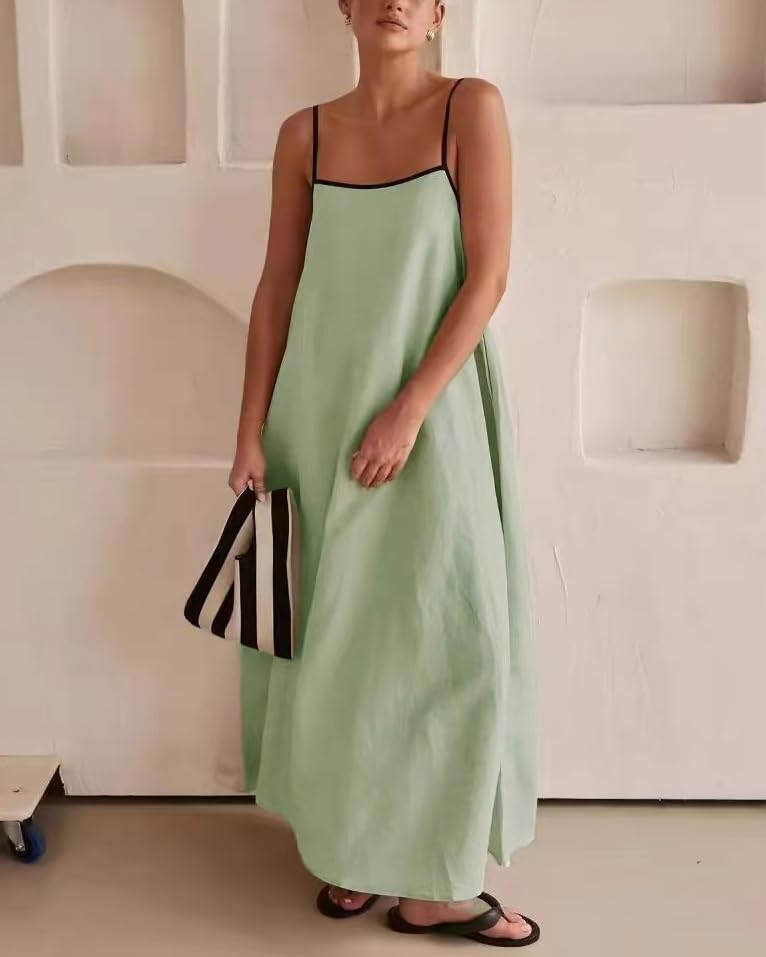 Women's Flowy Linen Maxi Dress - Spaghetti Strap Sleeveless Summer Dress in Breathable Cotton | Perfect for Beach Vacations, Date Nights & Casual Outings