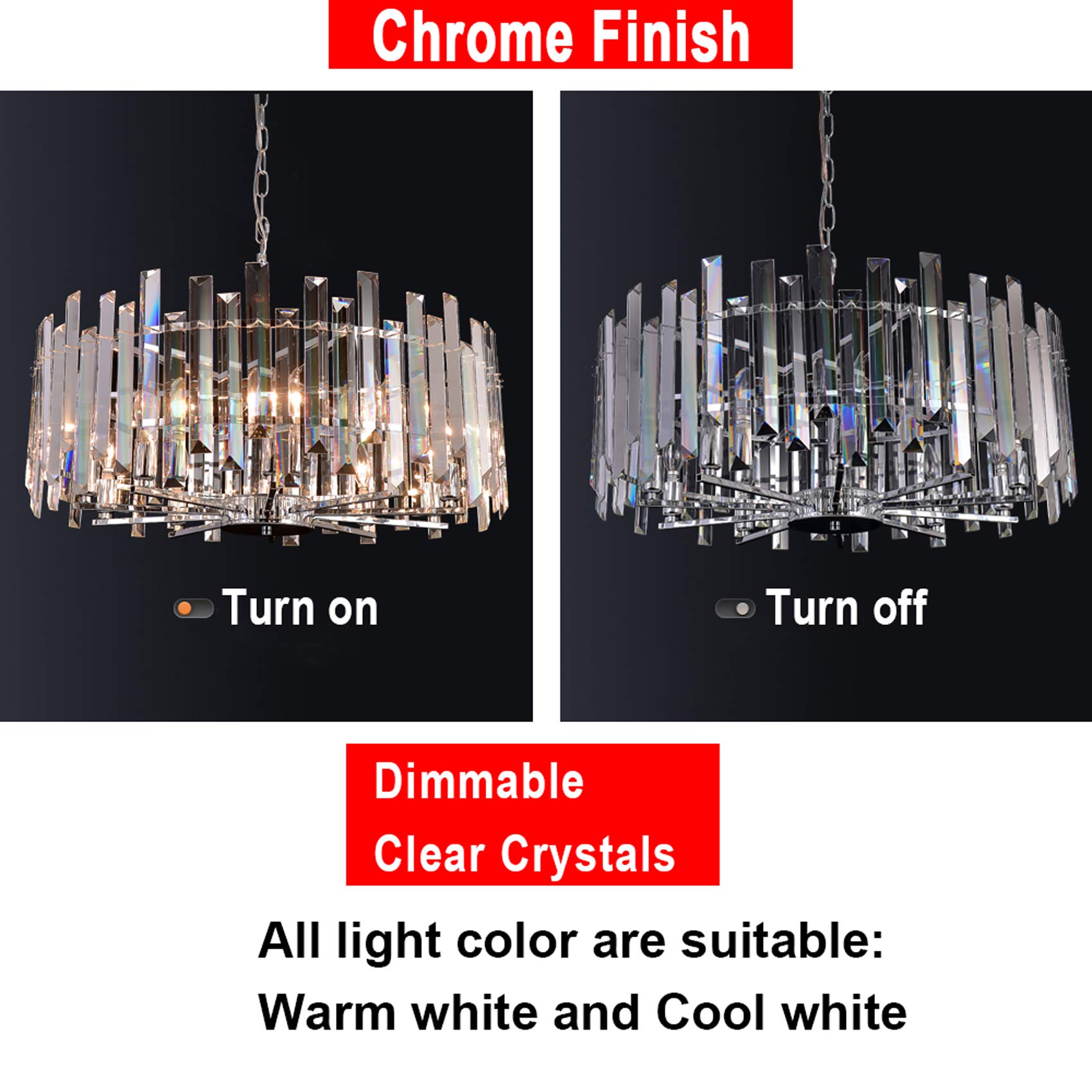 Modern Crystal Chandelier Lighting - Chrome Pendant Ceiling Light Fixture - Contemporary Island Chandelier with Dimmable Function (D27.56) for Living Room, Dining Room, Bedroom & Foyer - Perfect for Home Decor, Wedding Venues and Luxury Interior Design