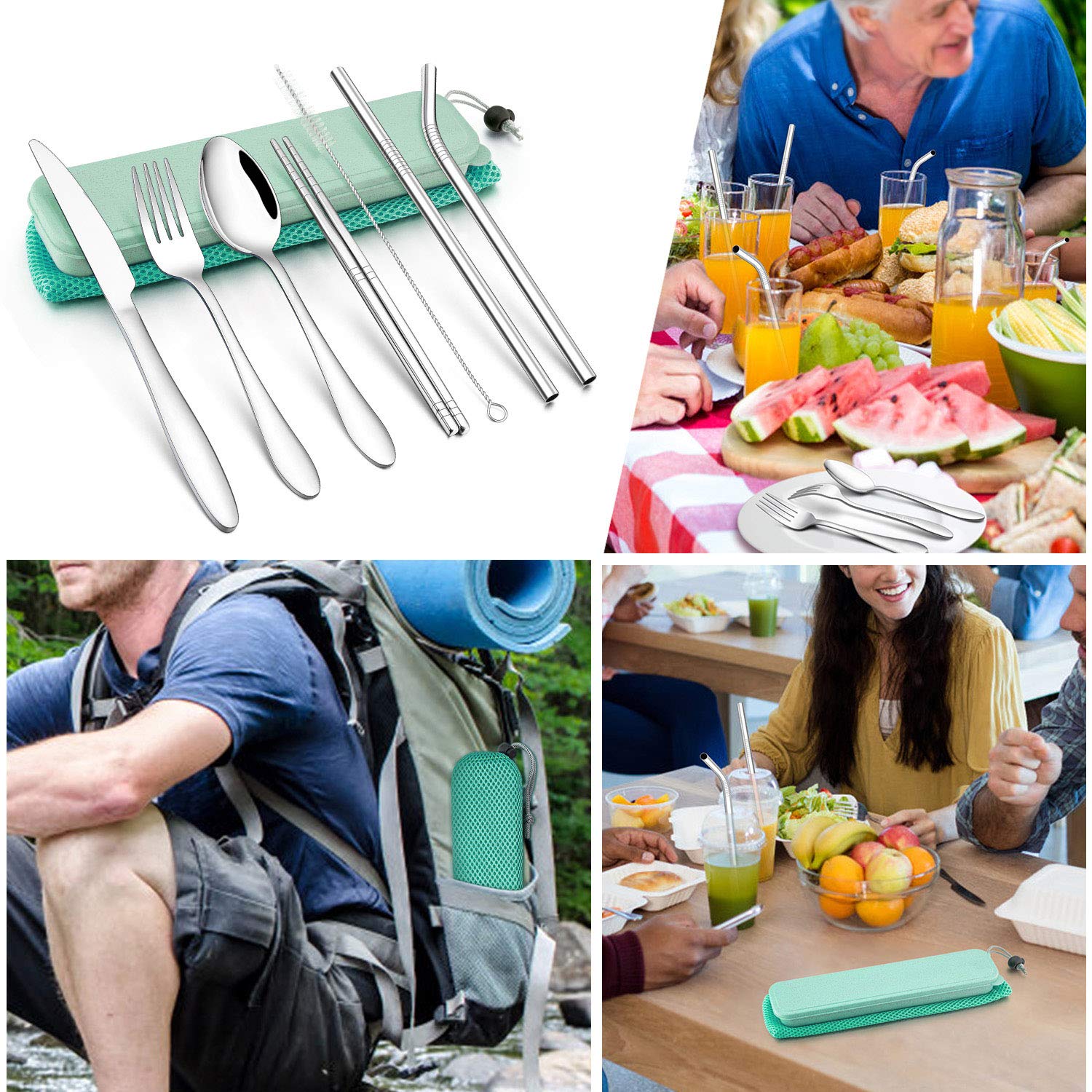 LIANYU 9-Piece Stainless Steel Travel Utensil Set with Knife, Fork, Spoon, Chopsticks, Metal Straws & Cleaning Brush | Portable Green Case | Perfect for Camping, Picnics & On-the-Go Meals