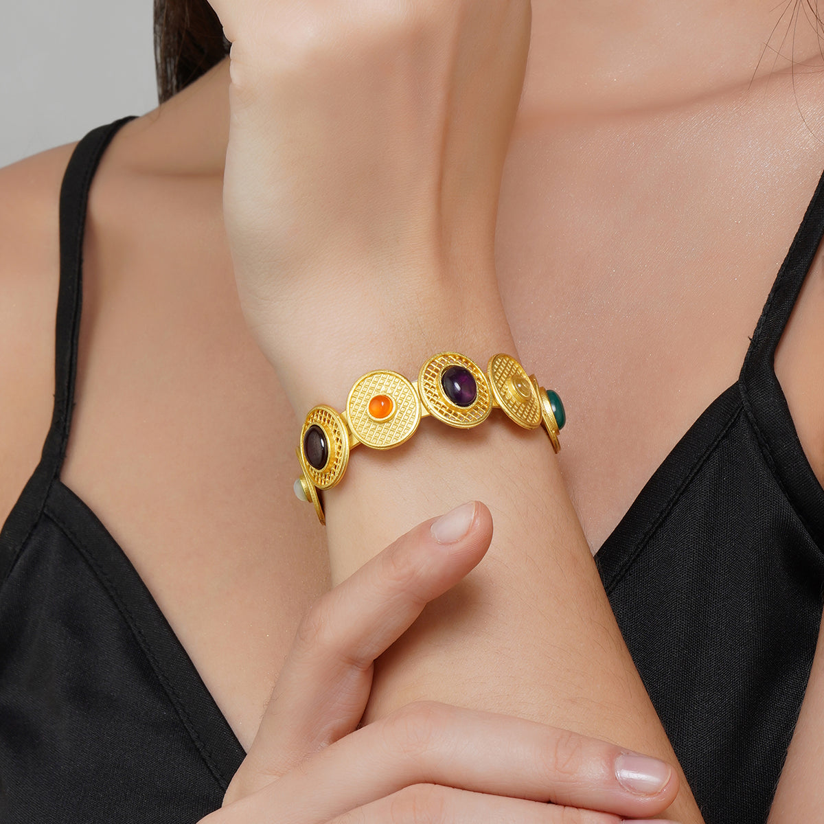 Color Story Navratan Cuff Bracelet - Elegant Indian Gemstone Bangle for Women | Perfect for Festivals, Weddings & Boho Fashion