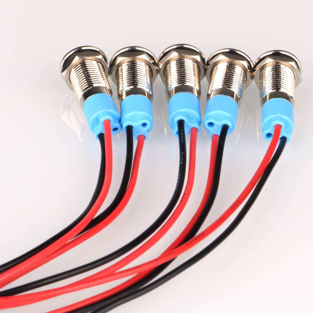 5Pcs 8mm LED Metal Indicator Light - AC/DC 12-24V Waterproof Signal Lamp with Wire - for Car Dashboard, Marine, Industrial Equipment & DIY Projects