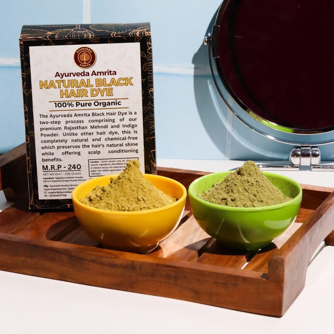Natural Ayurvedic Amrita Hair Dye for Black Hair | 100% Chemical-Free Rajasthani Henna & Indigo Powder Combo (100g Each) - Safe Gray Coverage & Hair Conditioning Treatment for Men & Women