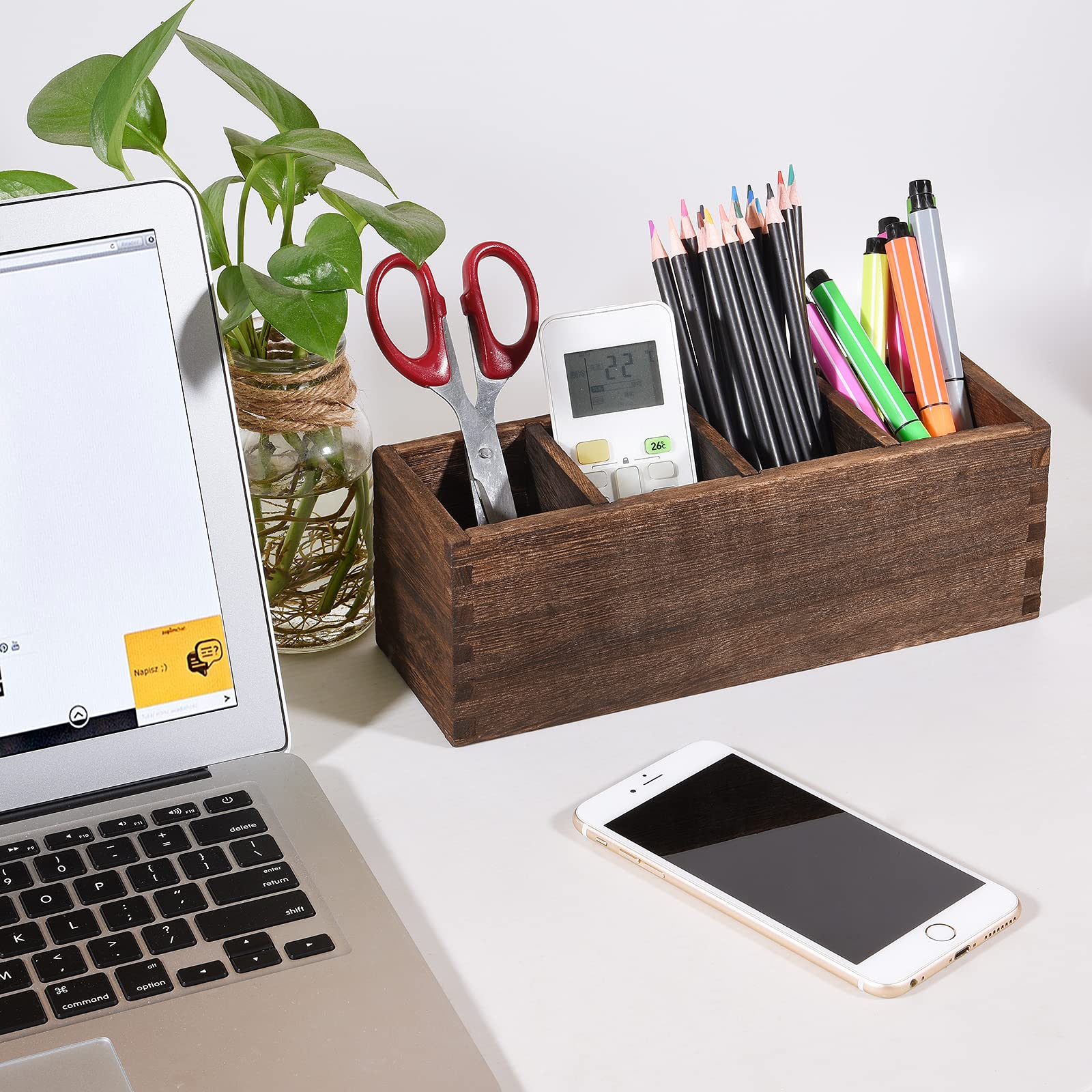ALL Music-Box Wooden Pencil Holder for Desk - 4-Compartment Wood Pen Organizer | Multi-Functional Office Desk Organizer for Pens, Pencils & Remote Controls | Perfect for Home Office, School & Workspace Organization