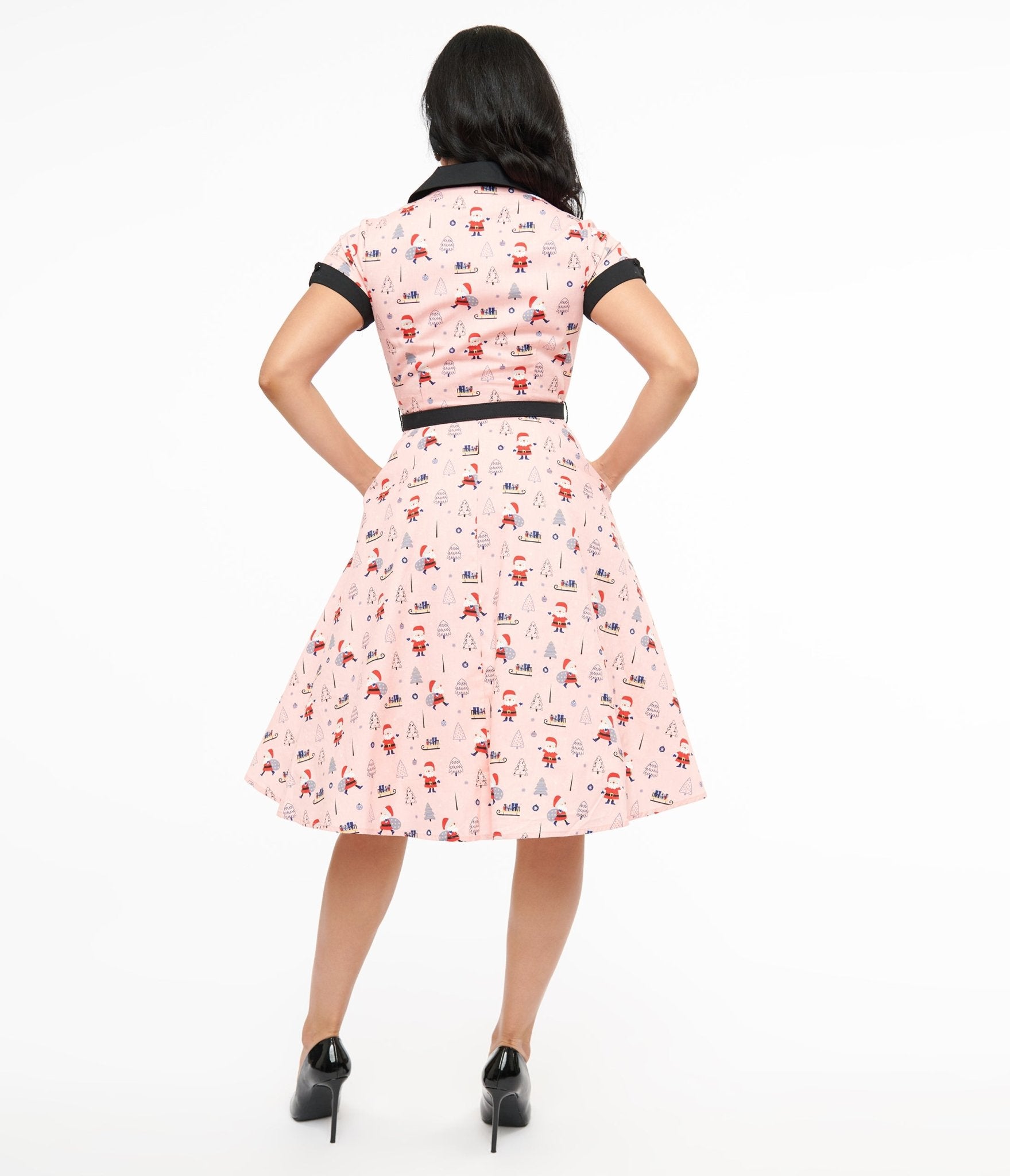Vintage 1950s Pink Santa Print Alexis Swing Dress - Retro Christmas Party Dress for Women, Holiday Cocktail Attire & Festive Seasonal Outfits