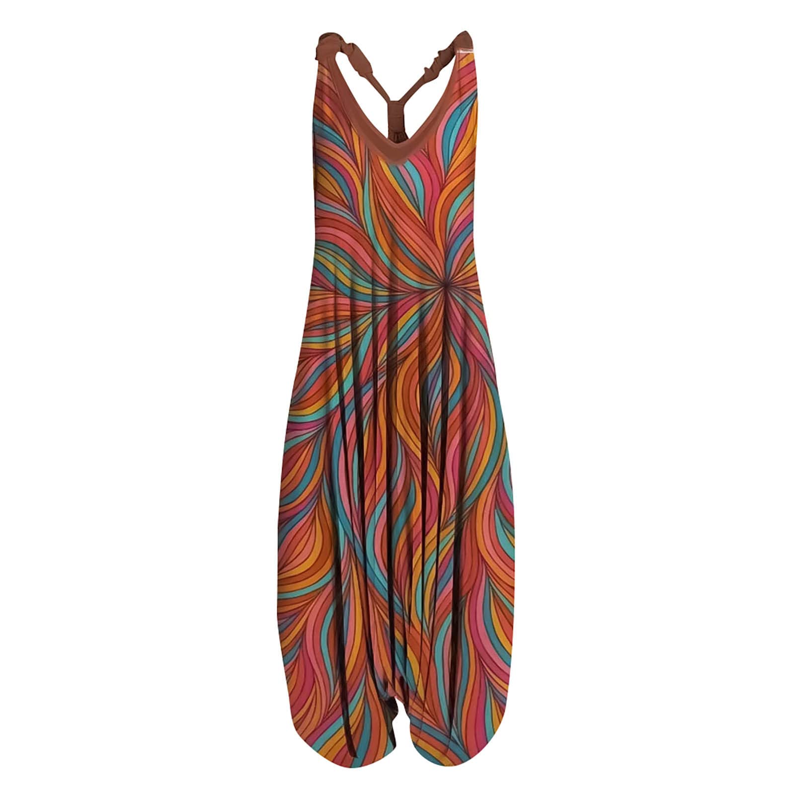 Women's Boho Vintage Racerback Harem Jumpsuit - Baggy Bib Overalls with Spaghetti Straps | Perfect for Summer Festivals, Beach Vacations & Casual Streetwear