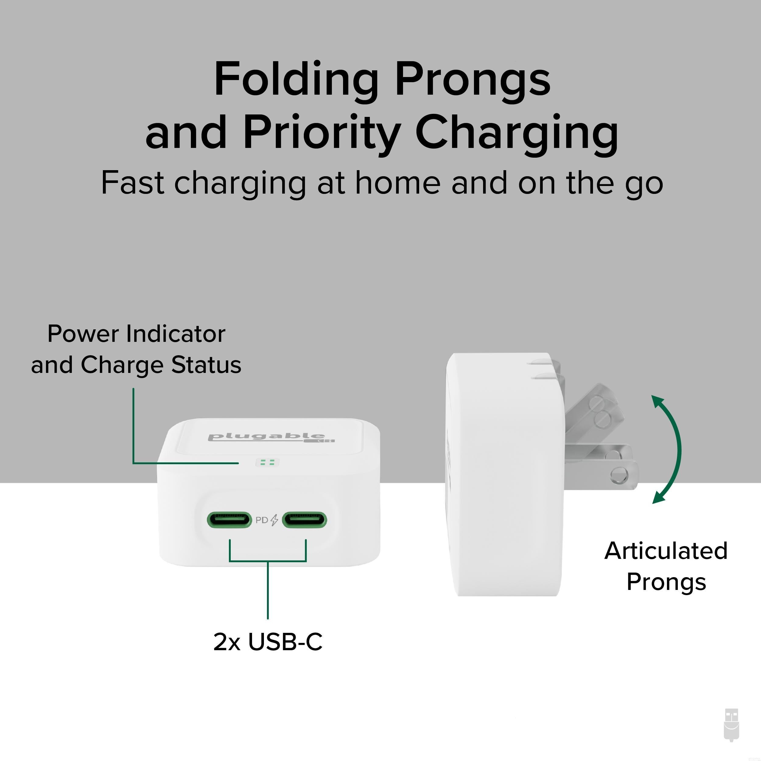 Plugable 40W Dual USB C Fast Charger - White | High-Speed Charging for iPhone, Android, MacBook | Perfect for Home, Office & Travel