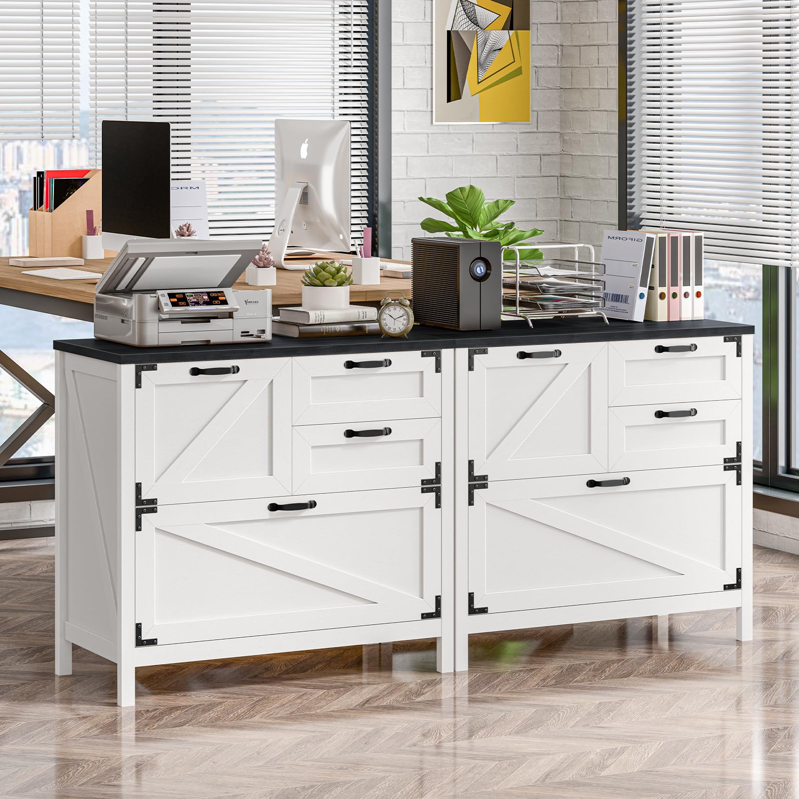 4-Drawer Wood Lateral File Cabinet for Hanging Files - Letter/A4/Legal Size Storage | Farmhouse Style Home Office Furniture | Printer Stand & Office Cabinet in White & Black | Perfect for Document Organization & Workspace Storage