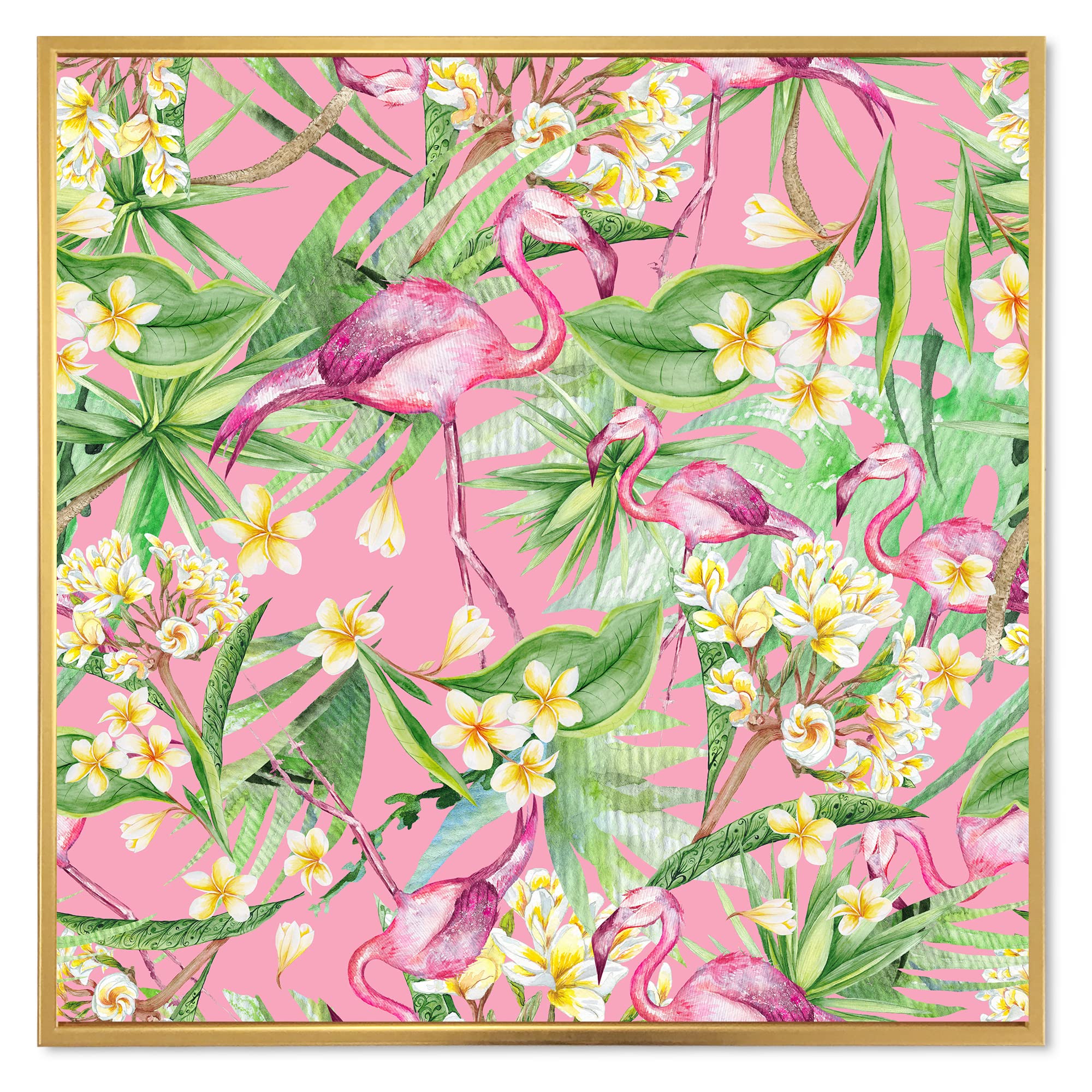 DesignQ Tropical Foliage & Yellow Flowers With Flamingo III - Modern Framed Canvas Wall Art Print for Living Room, Bedroom & Office Decor