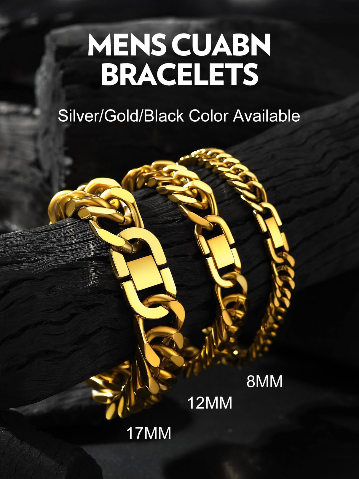 Bandmax Cuban Link Chain Bracelet for Men & Women - Silver, Gold & Black Hip Hop Punk Biker Hand Chain Bracelet (7
