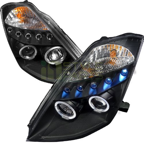 Black Bezel LED Halo Projector Headlights for 2003-2005 Nissan 350Z - High Performance Aftermarket Headlights with Halo Rings - Perfect for Night Driving & Car Customization