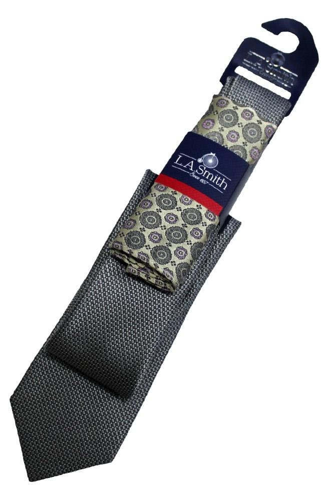 L A Smith Grey Medallion Silk Tie and Pocket Square Set | Premium Men's Necktie & Handkerchief Gift Set for Weddings, Business & Formal Occasions