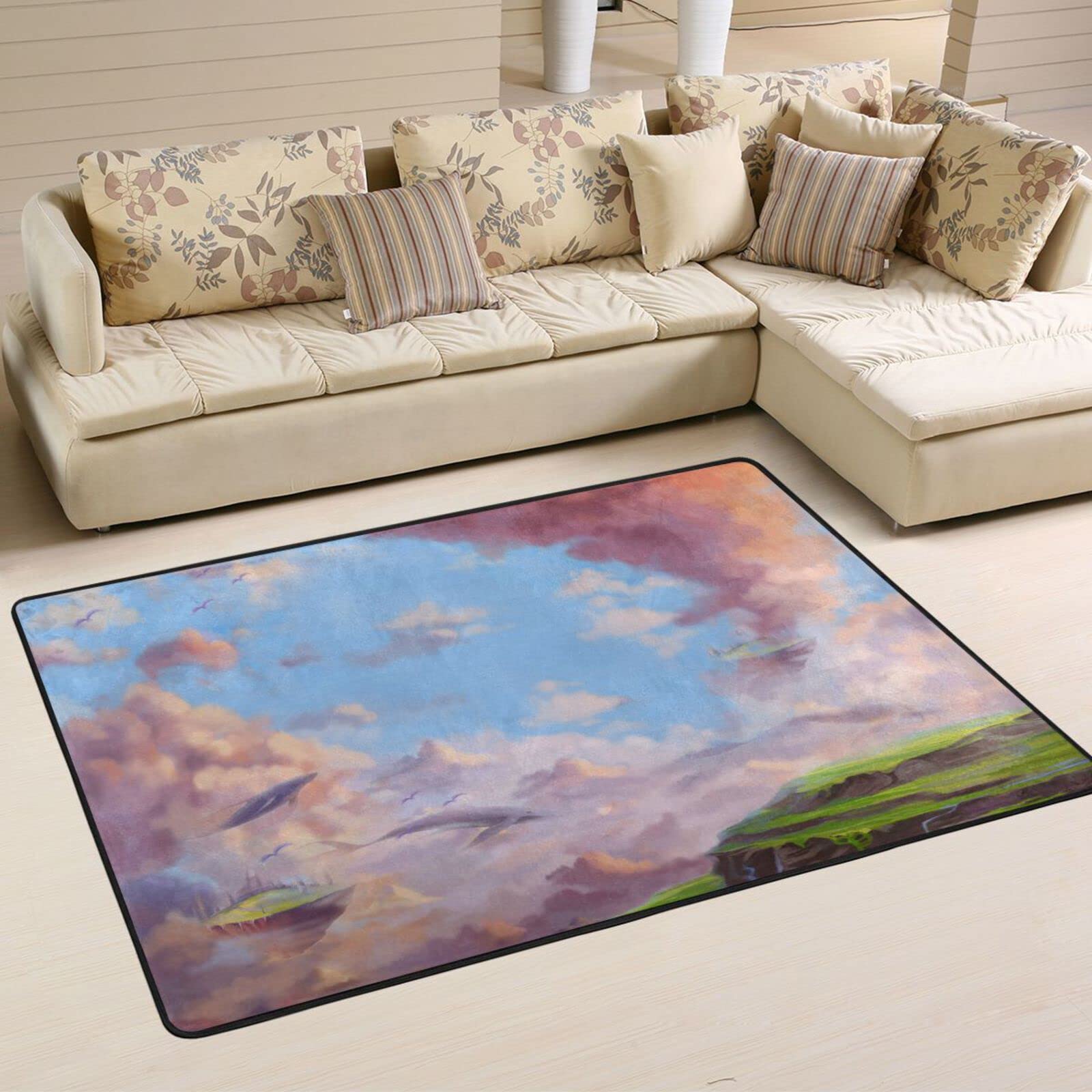 VIGTRO Fantastic Wonderland Whales Non-Slip Area Rug 72x48 Inch - Soft Floor Carpet for Living Room, Bedroom & Dining Room Decor - Perfect for Kids Playroom, Nursery & Home Office