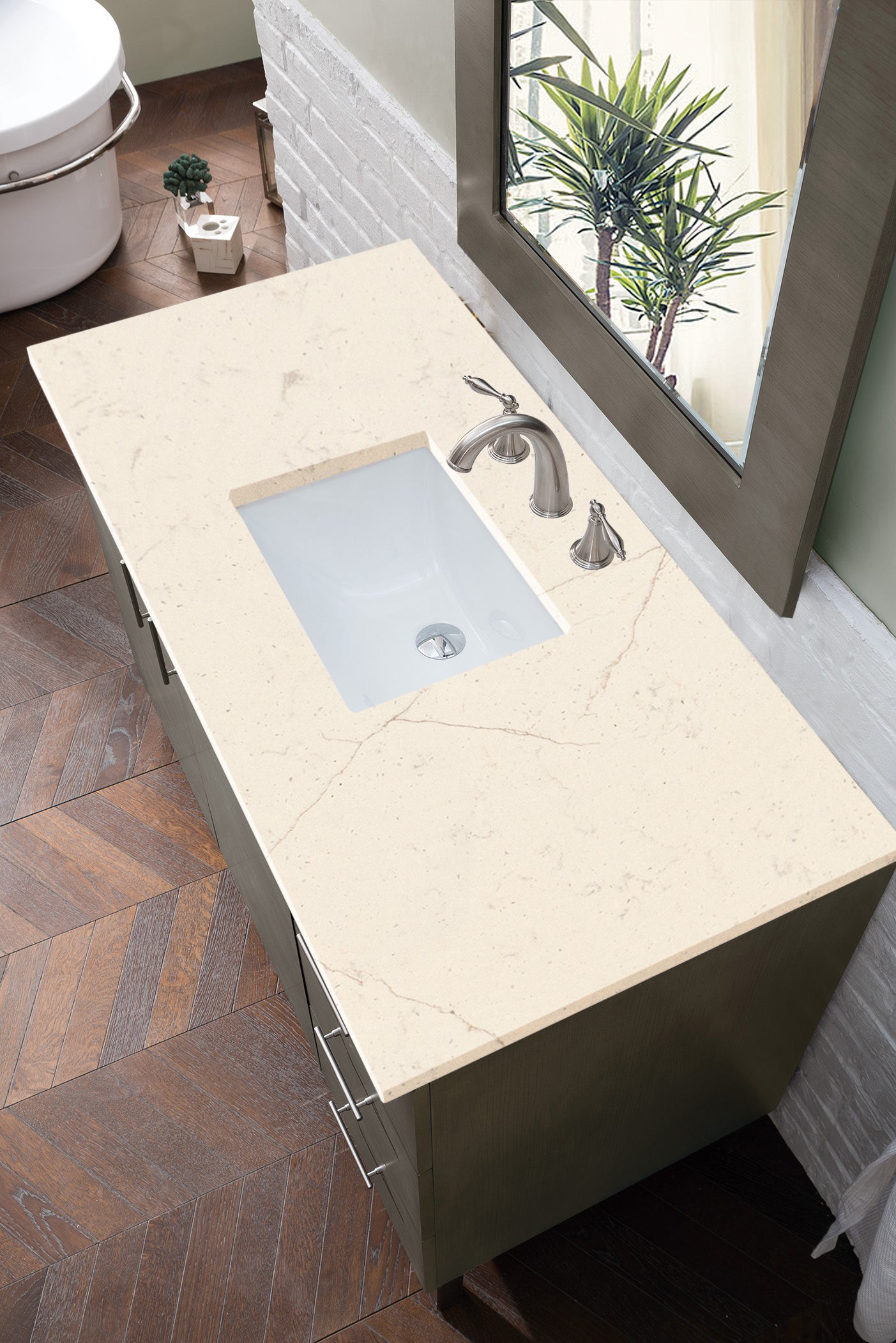 Metropolitan 48 Inch Single Bathroom Vanity with Eternal Marfil Quartz Top in Silver Oak - Perfect for Modern Master Bathrooms and Powder Rooms