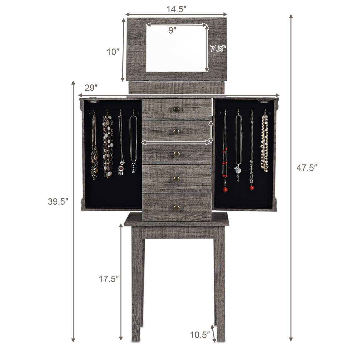 CHARMAID Gray 5-Drawer Jewelry Armoire with Full-Length Mirror, Swing Doors & Necklace Hooks - Large Standing Jewelry Organizer Cabinet for Bedroom, Closet & Dressing Room