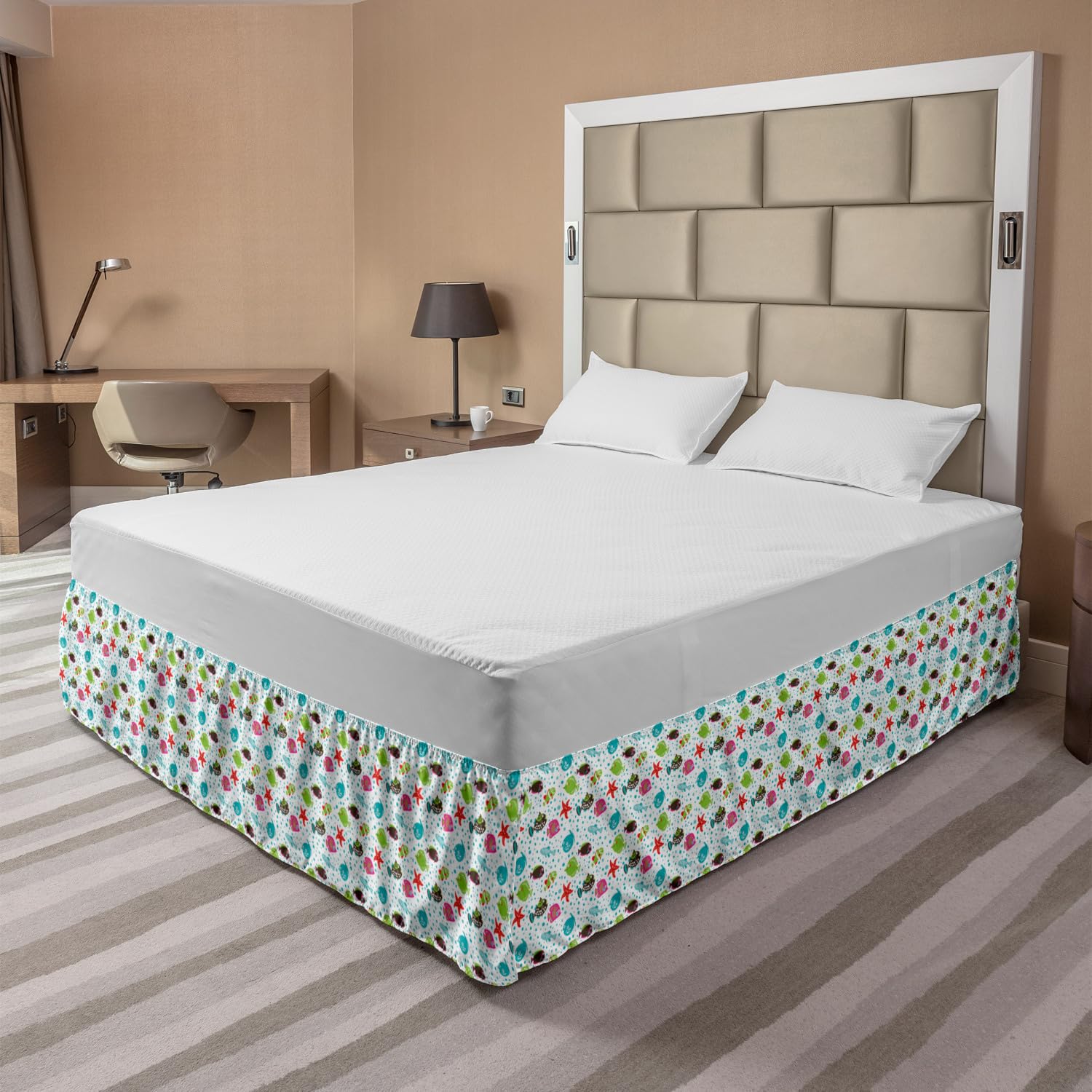 Ambesonne Underwater Bedskirt - Doodle Fish, Starfish & Coral Reef Design, Elastic Wrap Around Bed Skirt for King Size Beds, Colorful Ocean Theme Bedroom Decor | Perfect for Beach House, Kids Room or Coastal Style Bedroom
