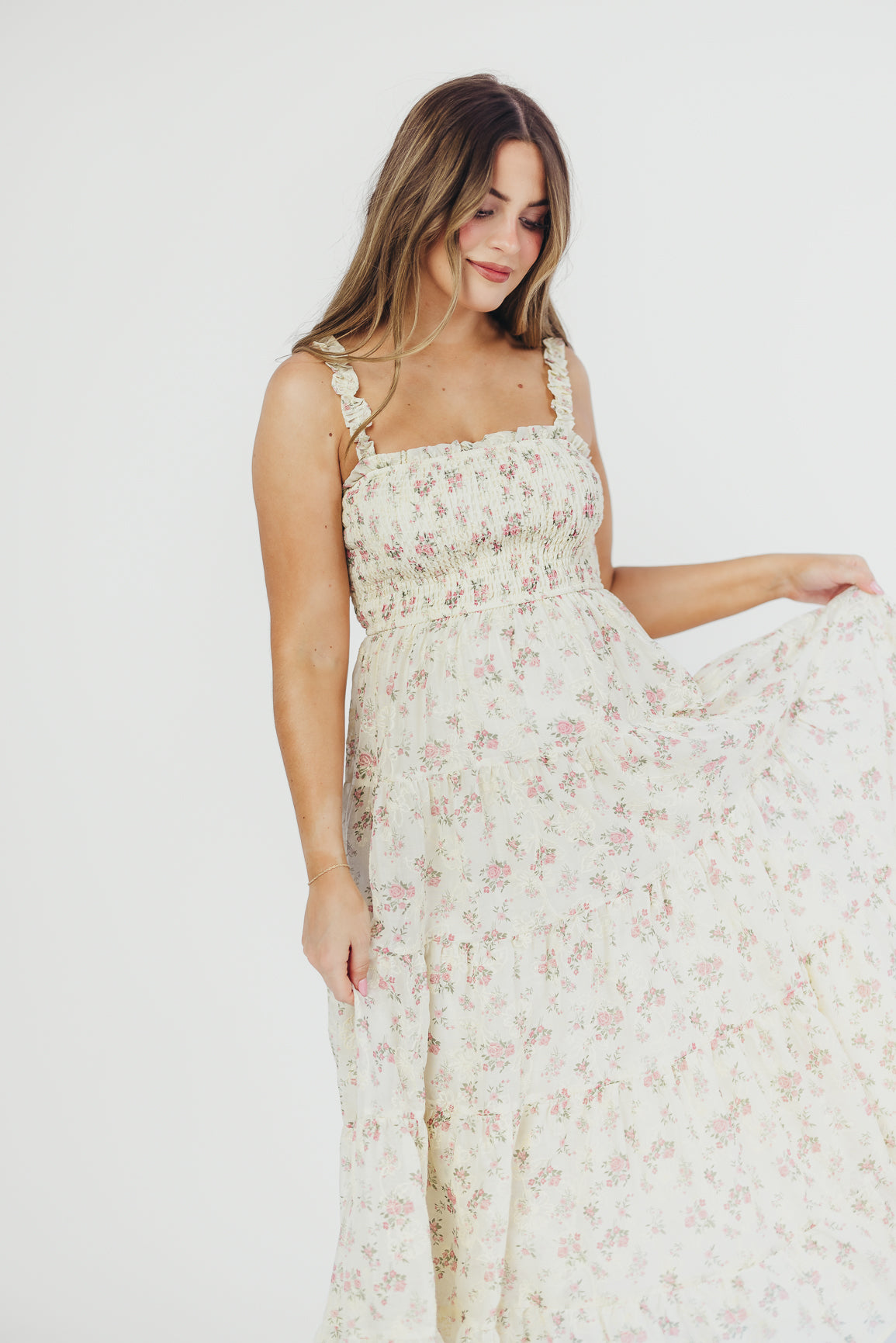 Ryan Ruffle Midi Dress with Embroidered Floral Detail - Cream & Pink Summer Dress for Women | Perfect for Weddings, Garden Parties & Date Nights