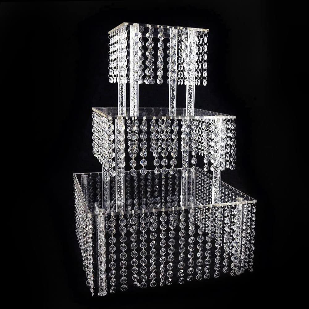3-Tier Acrylic Crystal Chandelier Cake Stand - Clear Square Dessert Display Tower for Wedding, Birthday Party & Special Events | Elegant Cupcake Tower Centerpiece for Dessert Buffets, Bridal Showers & Holiday Celebrations