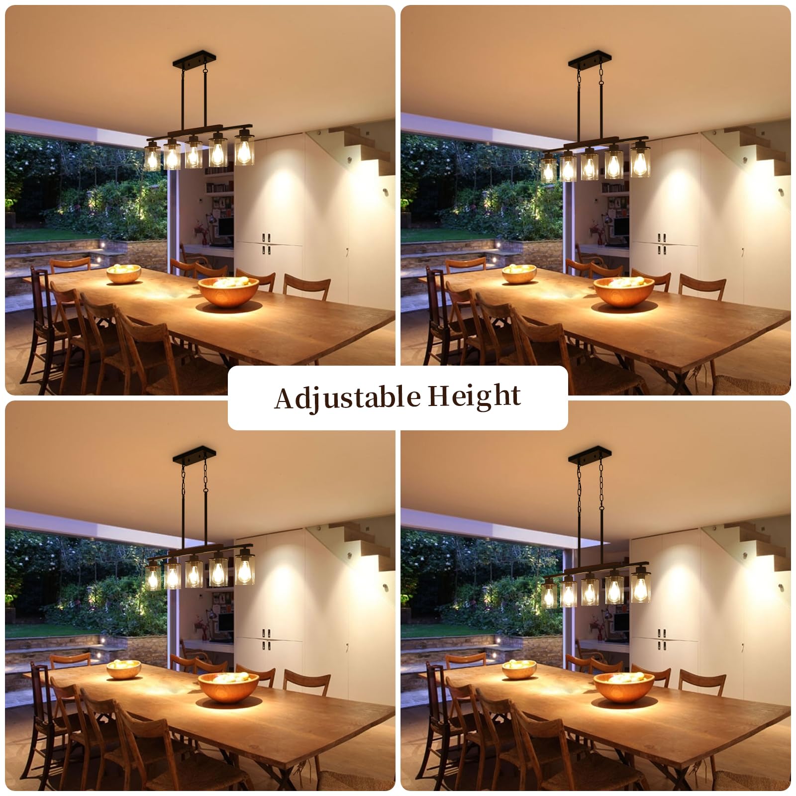 5-Light Black Farmhouse Chandeliers with Clear Glass Shade and Wood - Linear Ceiling Pendant Light Fixtures for Dining Room and Kitchen Island Lighting, Perfect for Modern and Rustic Home Decor