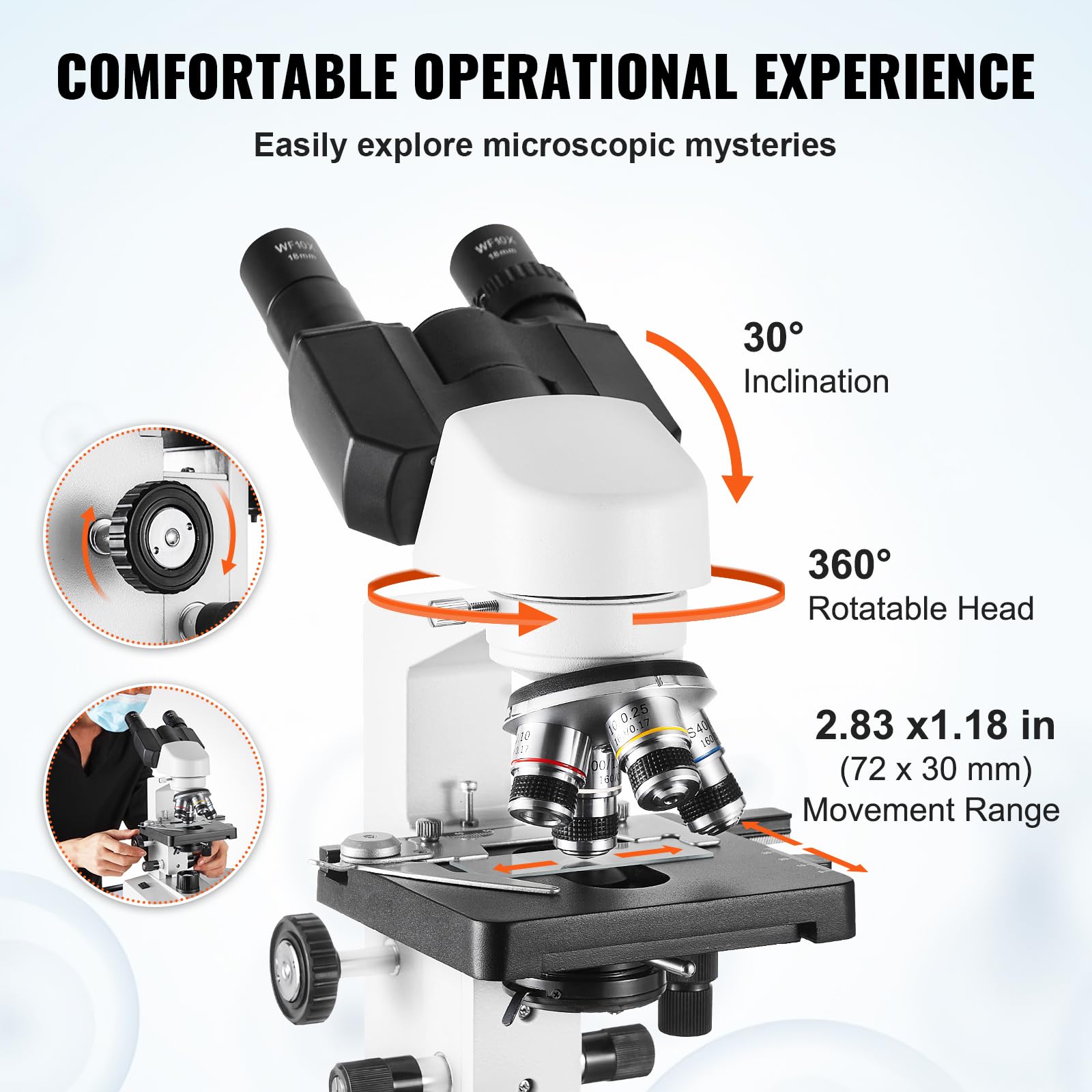 VEVOR Binocular Compound Microscope 40X-2500X Magnification, Professional Lab Microscope with LED Illumination & Phone Adapter - Ideal for Students, Adults, Home & Laboratory Use in Biology, Science Education & Research