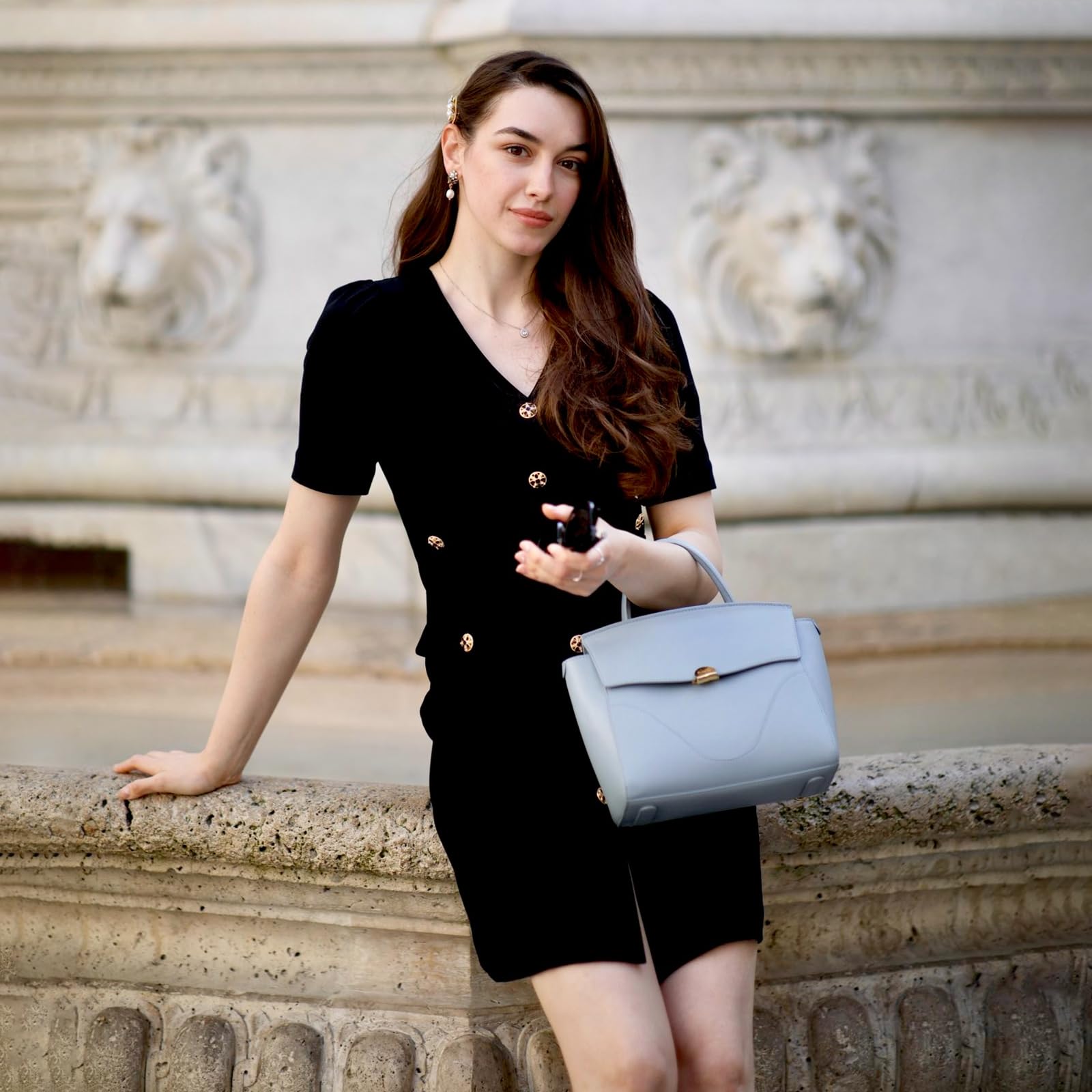 Women's Triacetate Black Mini Dress - Business Casual A-Line V-Neck Button Front Dress for Work, Office & Teaching | Perfect for Professional Meetings, Office Parties & Smart Casual Occasions