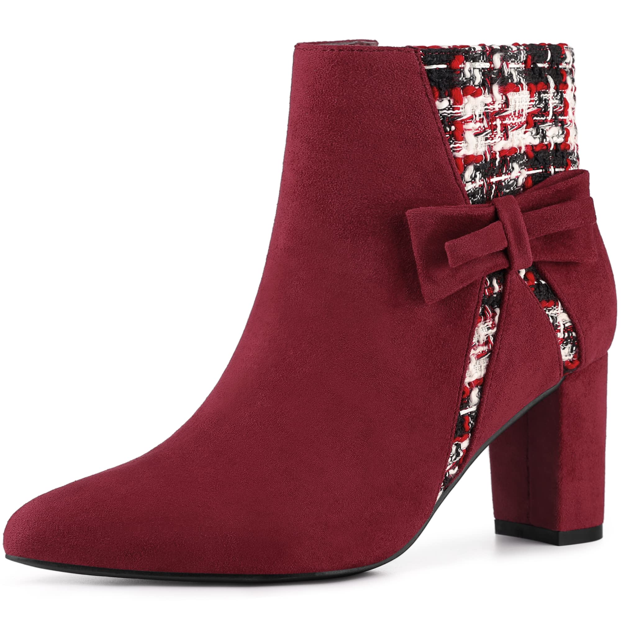 Allegra K Women's Plaid Pointed Toe Block Heel Ankle Boots - Stylish Fall Winter Fashion for Office, Party & Date Night Outfits