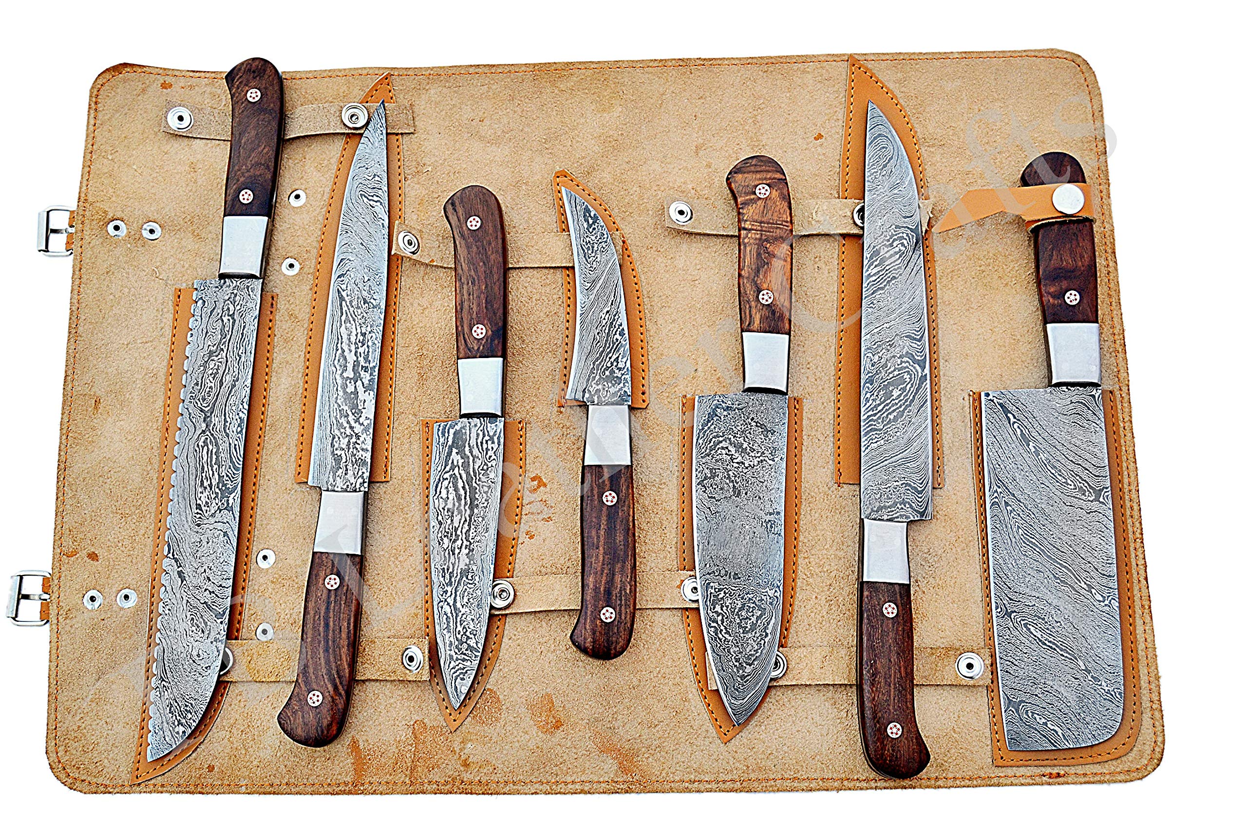 Premium Damascus Steel Kitchen Knives Set - 7-Piece Handcrafted Chef Knife Collection with Rosewood Handle (FBK-1097) - Perfect for Professional Chefs & Home Cooking Enthusiasts
