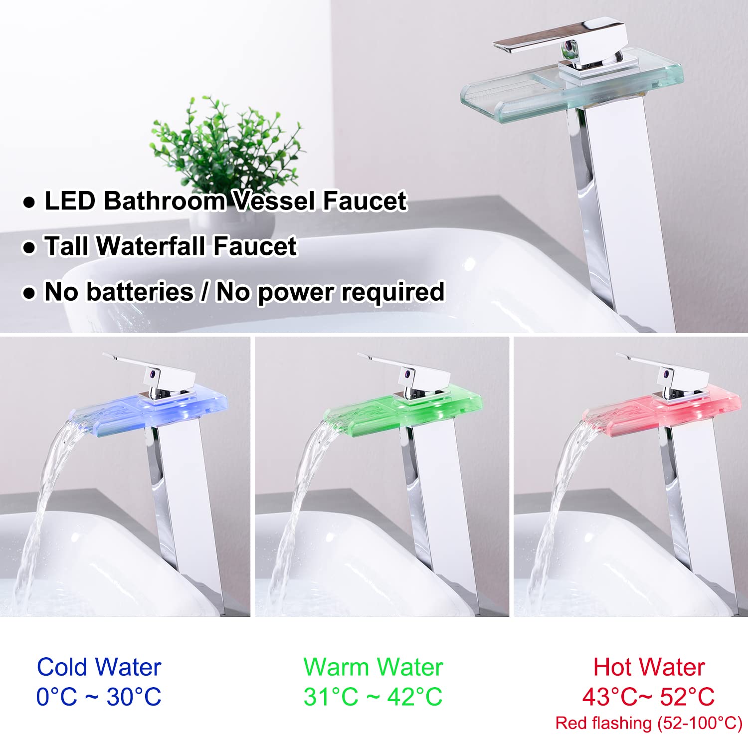 Tall LED Waterfall Bathroom Sink Faucet - Single Handle Brass Vessel Faucet with Open Glass Spout (1 Hole & 2 Supply Lines) - Perfect for Modern Vanities, Luxury Bathrooms & Spa Retreats