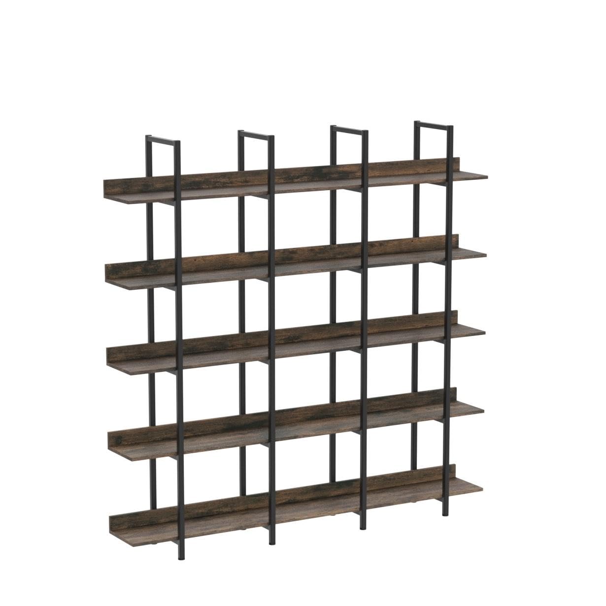 5-Tier Industrial Bookshelf - Sturdy Metal Frame Storage Organizer for Home Office, Living Room & Bedroom - Brown Wooden Bookcase for Books, Decor & Display