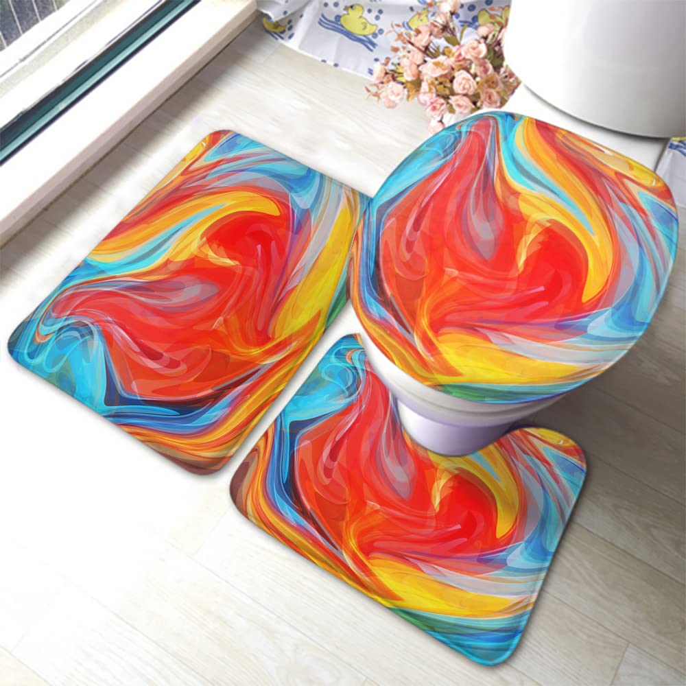 Zaueky 3-Piece Non-Slip Bathroom Rug Set - Modern Multicolor Power Element Design with Rubber Backing, U-Shaped Contour Mat & Toilet Lid Cover | Water Absorbent, Soft & Durable for Bath, Shower & Vanity Areas