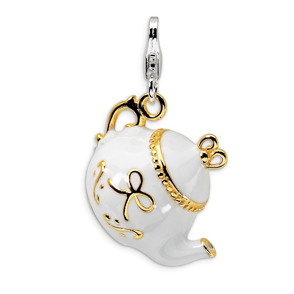 925 Sterling Silver Gold-Plated Enameled Teapot Charm with Lobster Clasp - Perfect for Jewelry Making, DIY Bracelets & Necklace Charms