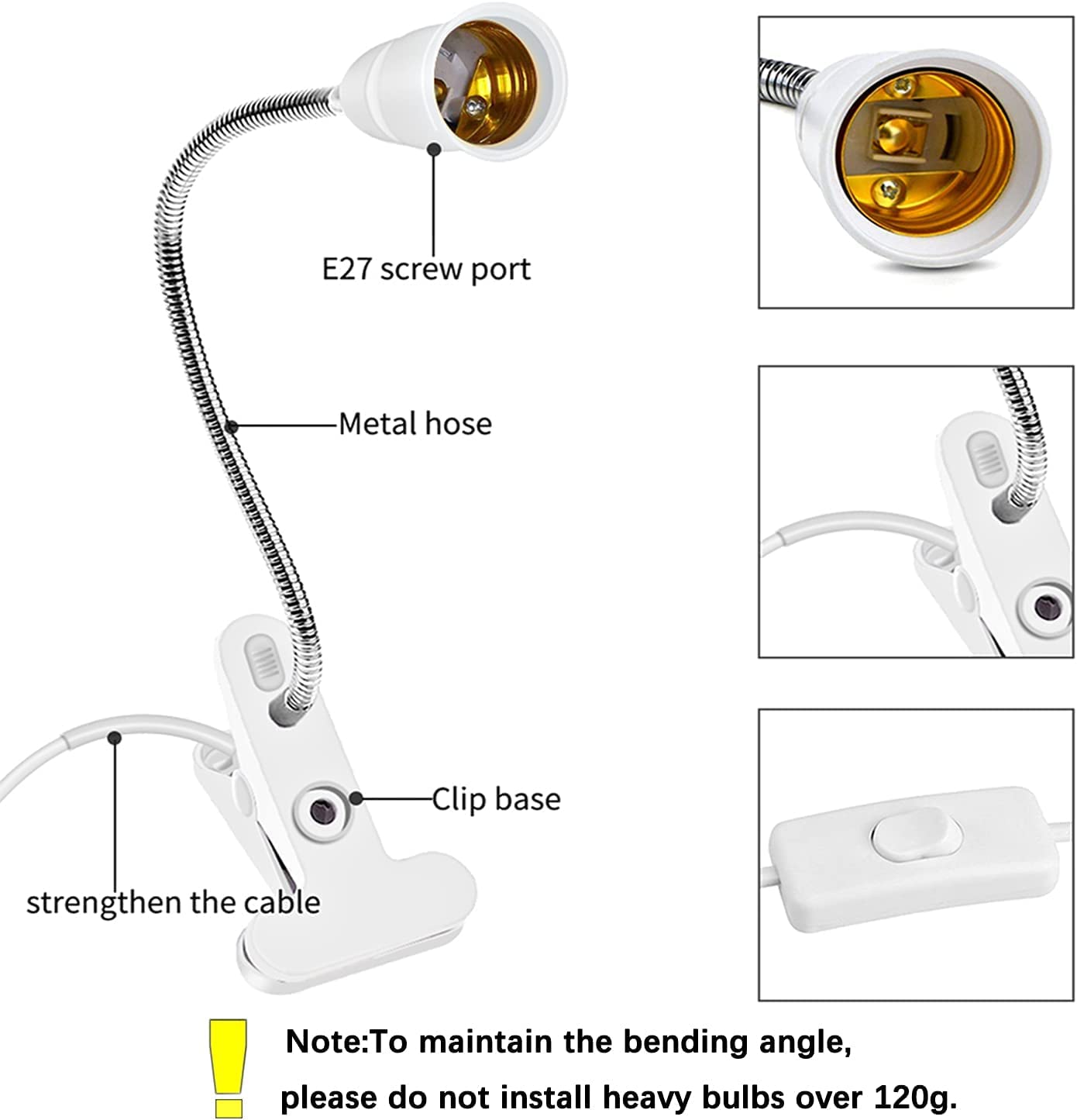 Bahong Clip Desk Lamp Socket - E26/E27 Flexible Light Bulb Holder with On/Off Switch - 86.6in Adjustable Table Reading Light & Night Light - Perfect for Home Office, Study, Bedroom, and Craft Room Lighting