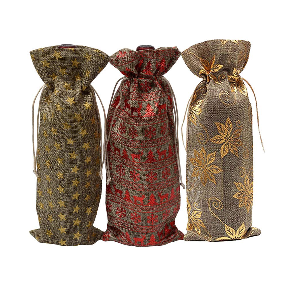 3 Pack Christmas Wine Bottle Bags - Burlap Drawstring Gift Bags for Wine, Candy & Holiday Gifts | Perfect for Christmas Parties, Home Decor & Festive Gift Wrapping