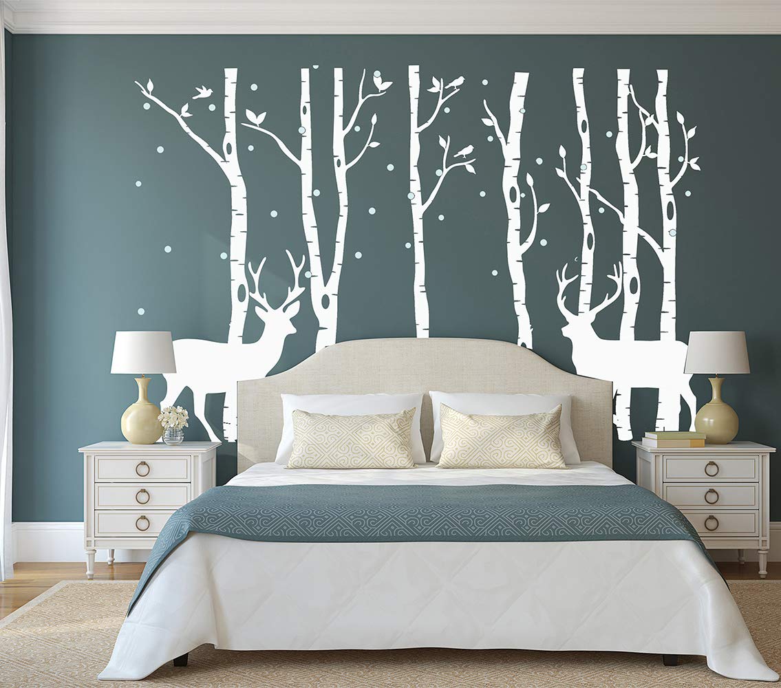 Birch Tree Deer Wall Decal - Removable Forest Nursery Vinyl Sticker for Kids Bedroom Decor - Nature-Themed Nursery Wall Art (White) - Perfect for Baby Rooms, Children's Bedrooms & Playroom Decor