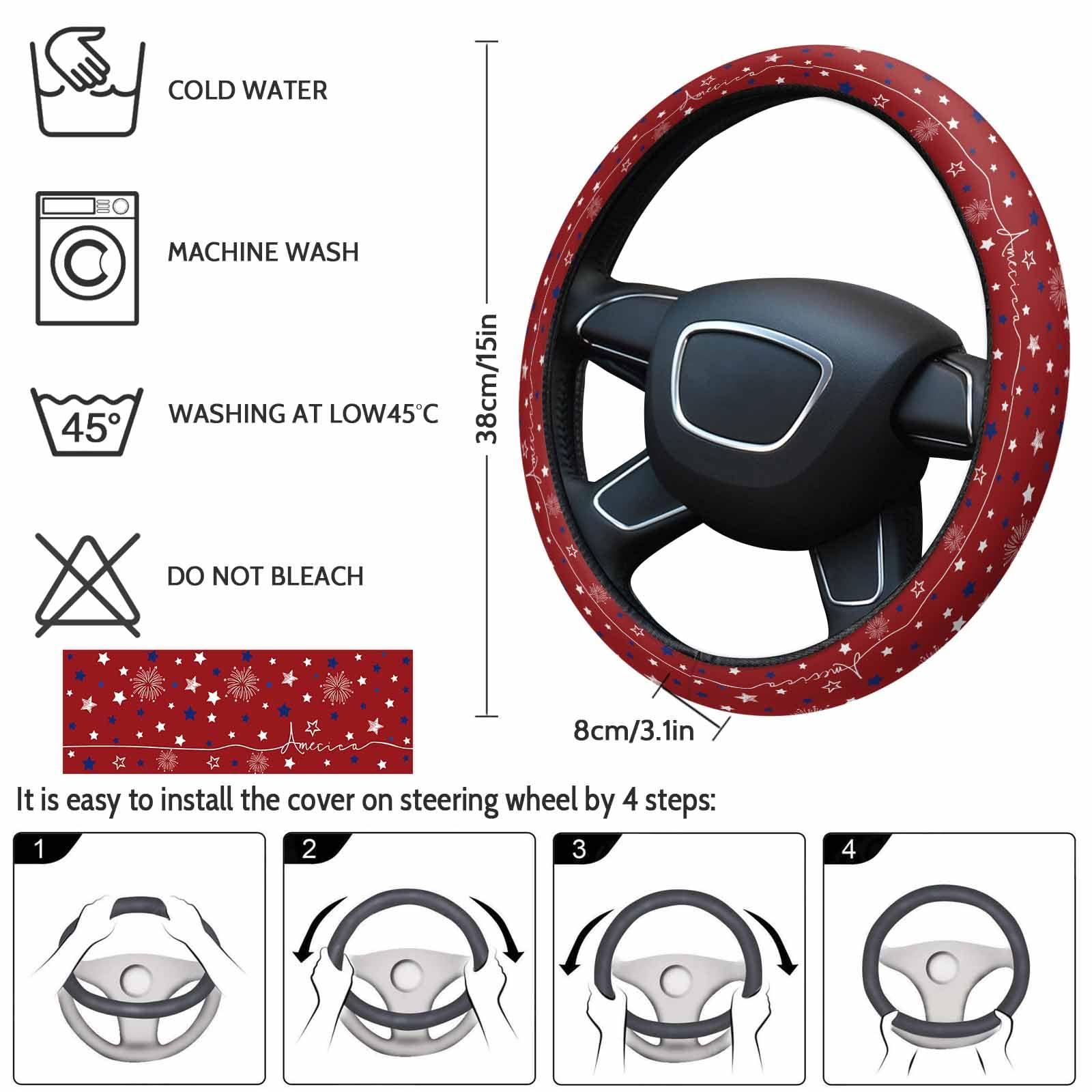 4th of July Patriotic Steering Wheel Cover - Blue White Star Firework Design, Elastic Sponge Grip, Non-Slip Protection for Cars, SUVs, Trucks & Vans | Perfect for Independence Day Decor & Safe Driving