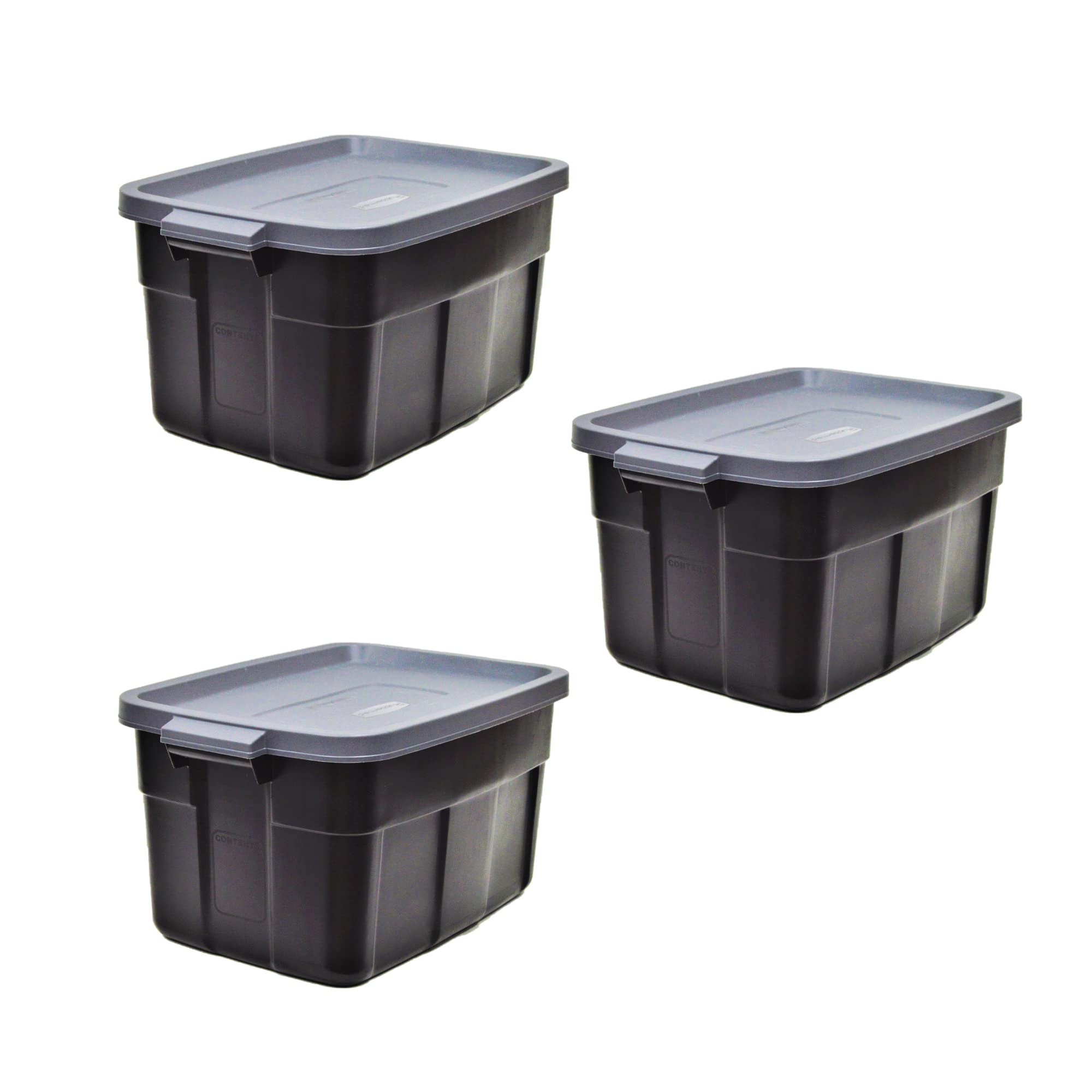Rubbermaid Roughneck Tote 31 Gallon Storage Bins - 3 Pack Heavy Duty Plastic Stackable Containers with Lids & Handles - Made in USA - Black & Gray - Ideal for Garage Organization, Home Storage & Moving Supplies