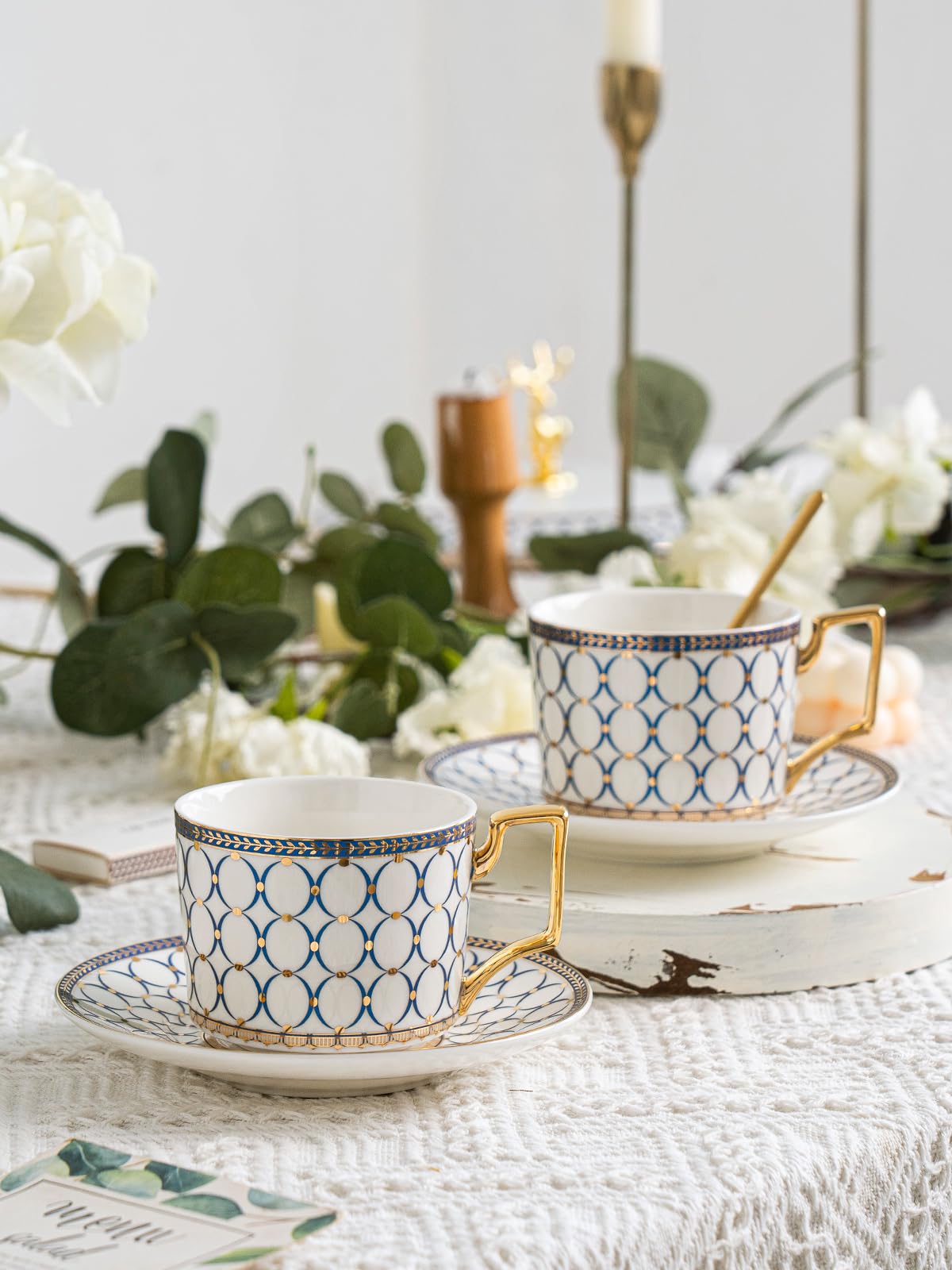 Elegant European Style Ceramic Coffee Cup and Saucer Set - 7 Oz Bone China Tea Cup with Blue Gold Glaze, Includes Golden Spoon - Perfect for Cappuccino, Latte & Tea - Ideal Women's Gift (4-Pack Set) - Great for Home, Office, Cafe or Romantic Gifts