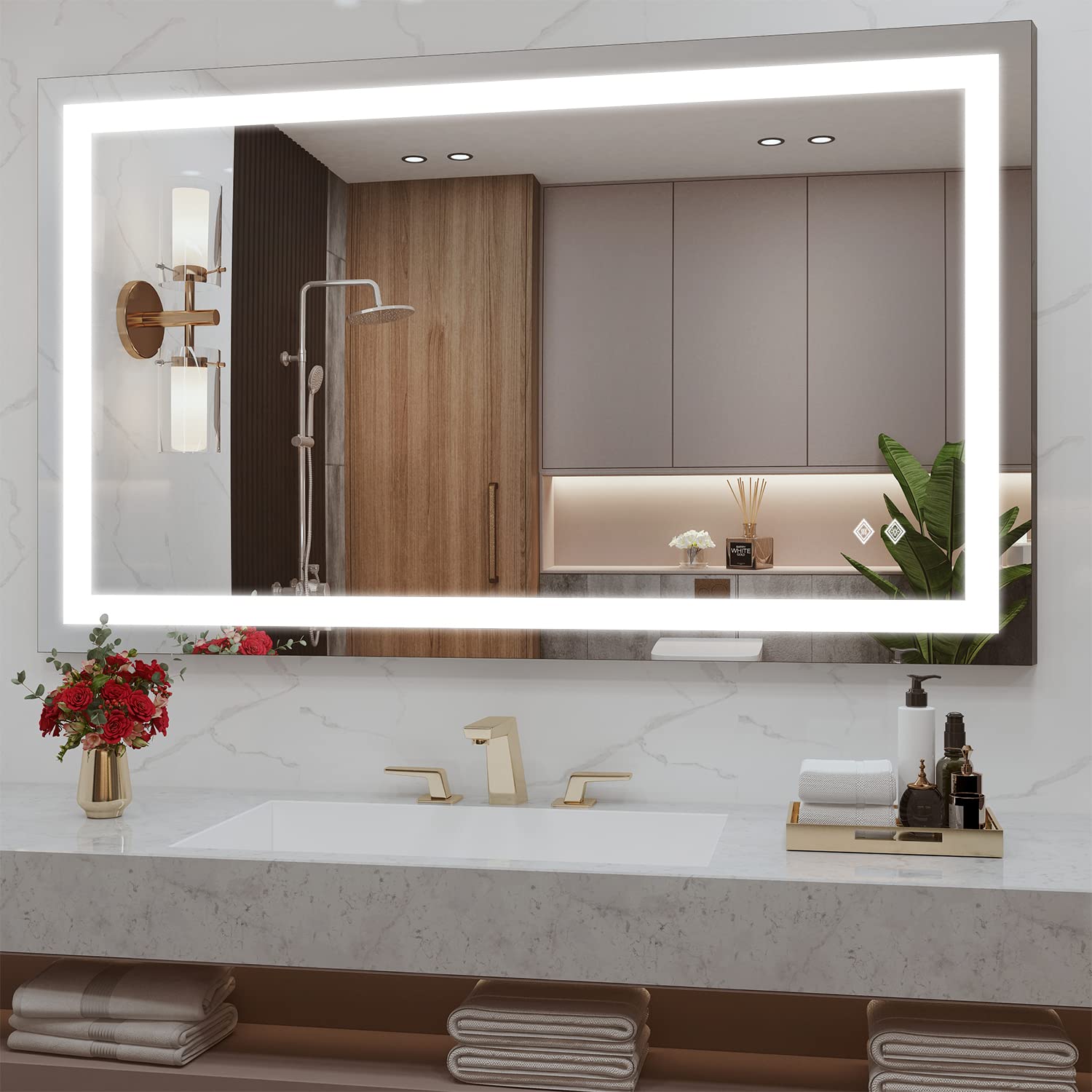VanPokins 40x24 Inch LED Bathroom Mirror with Anti-Fog, 6000K Dimmable Lighting, High Lumen CRI 90+ Waterproof - Perfect for Makeup, Shaving & Home Decor (Horizontal/Vertical Mounting)