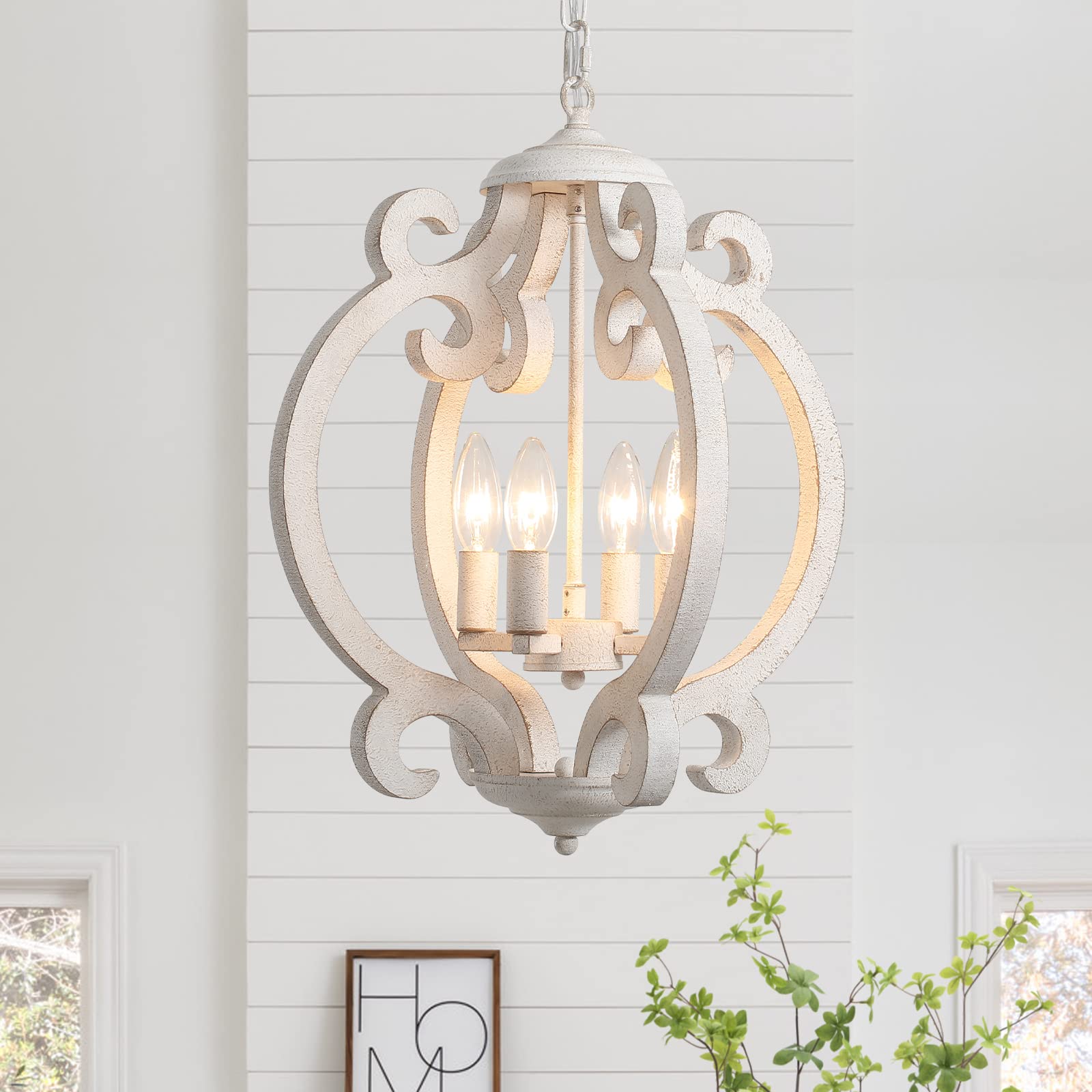Rustic Wood Farmhouse Chandelier - 4-Light French Country Dining Room Lighting Fixture in Vintage White for Hallway, Foyer, Living Room, Entryway, Kitchen Island & Bedroom - Perfect for Cozy Home Decor and Country-Style Interior Design